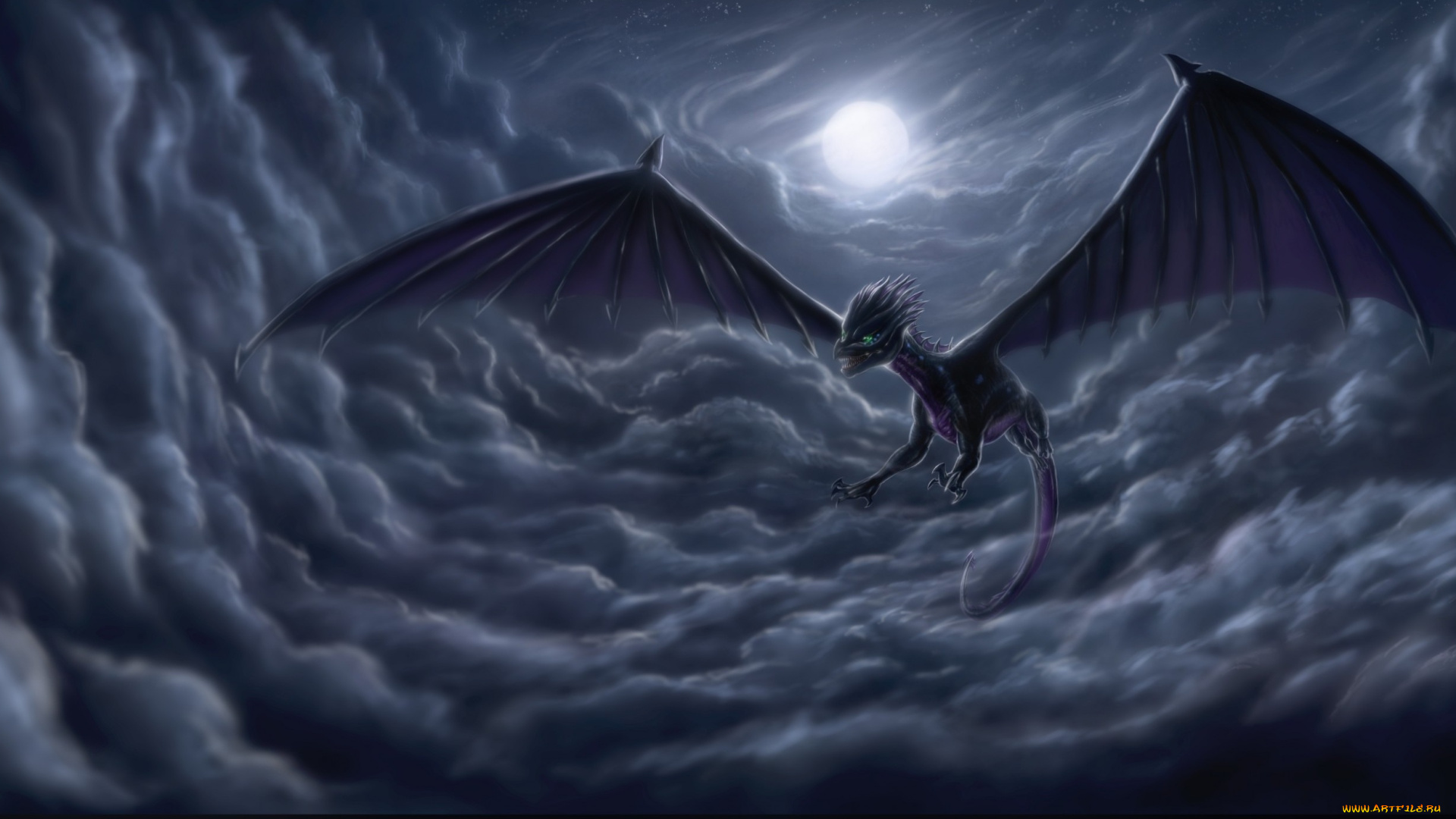 фэнтези, драконы, дракон, облака, ночь, небо, полёт, крылья
