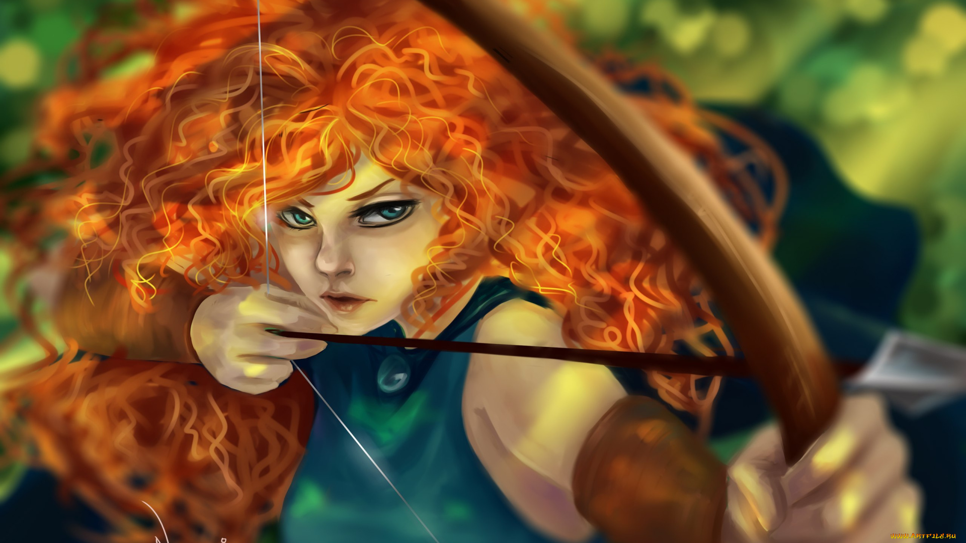 рисованное, кино, лук, стрела, локоны, девушка, рыжая, волосы