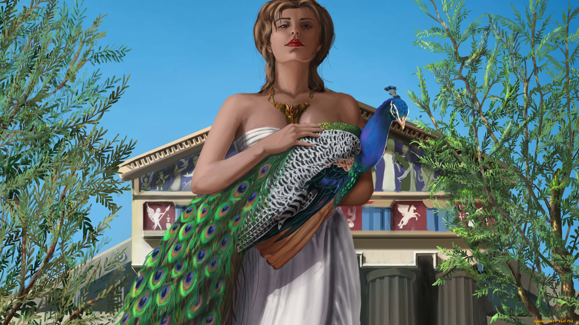 рисованное, люди, деревья, дворец, богиня, девушка, павлин, гера