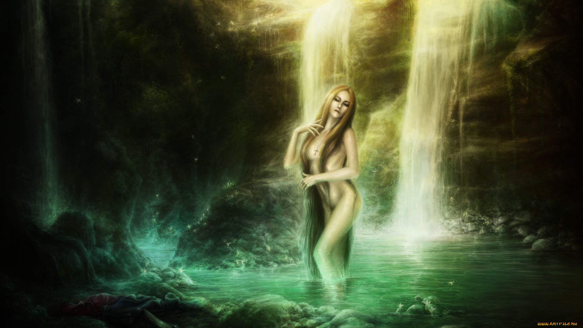 рисованное, люди, волосы, купание, обнажена, скалы, вода, арт, девушка, водопад