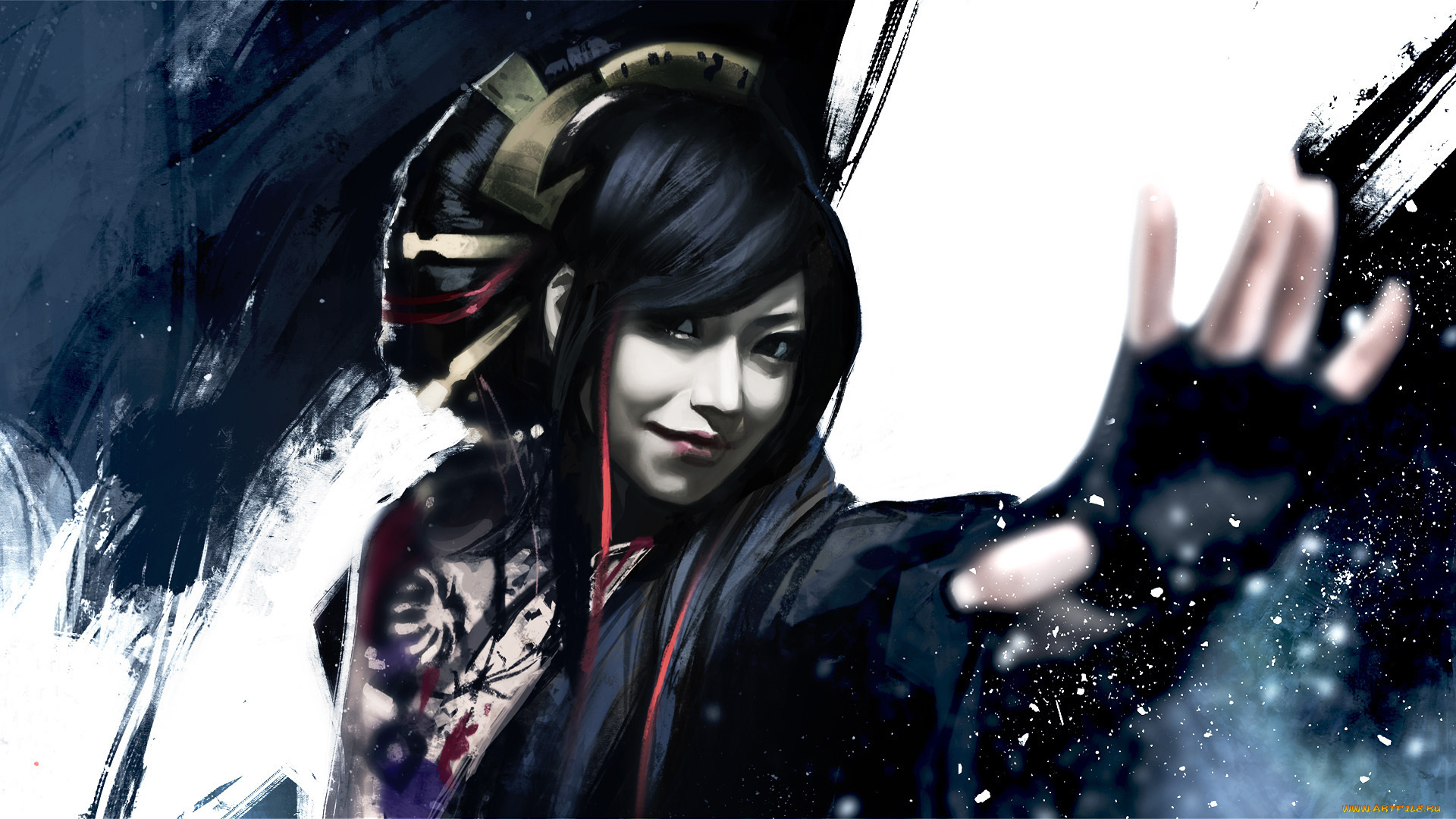 рисованное, люди, yuuko, девушка, японка, лицо, рука, взгляд