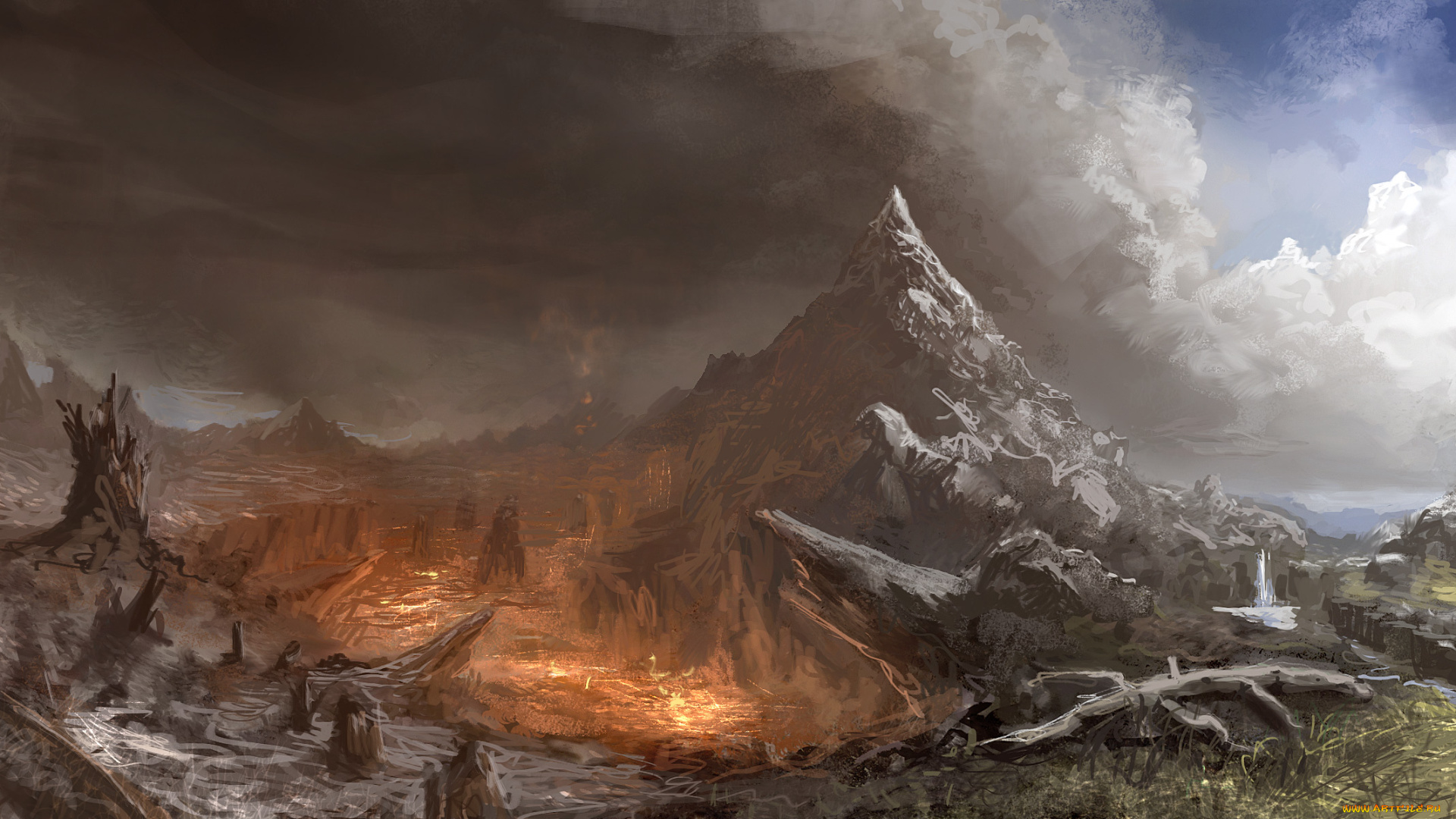 рисованное, природа, пожар, гора, пейзаж, zack, moores, огонь