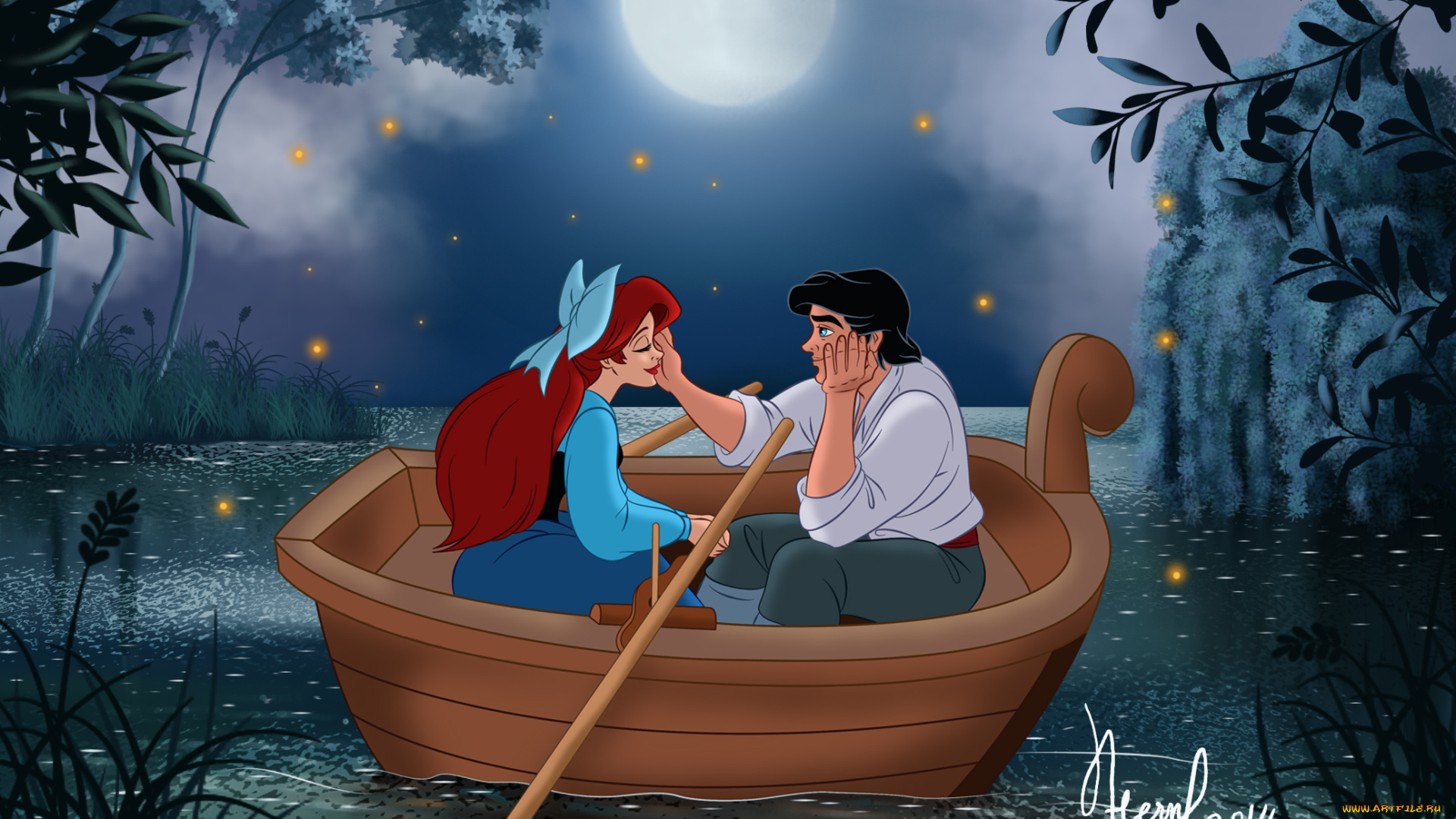 векторная, графика, мультфильмы, , cartoons, девушка, парень, лодка, фон, взгляд, вода, луна, деревья