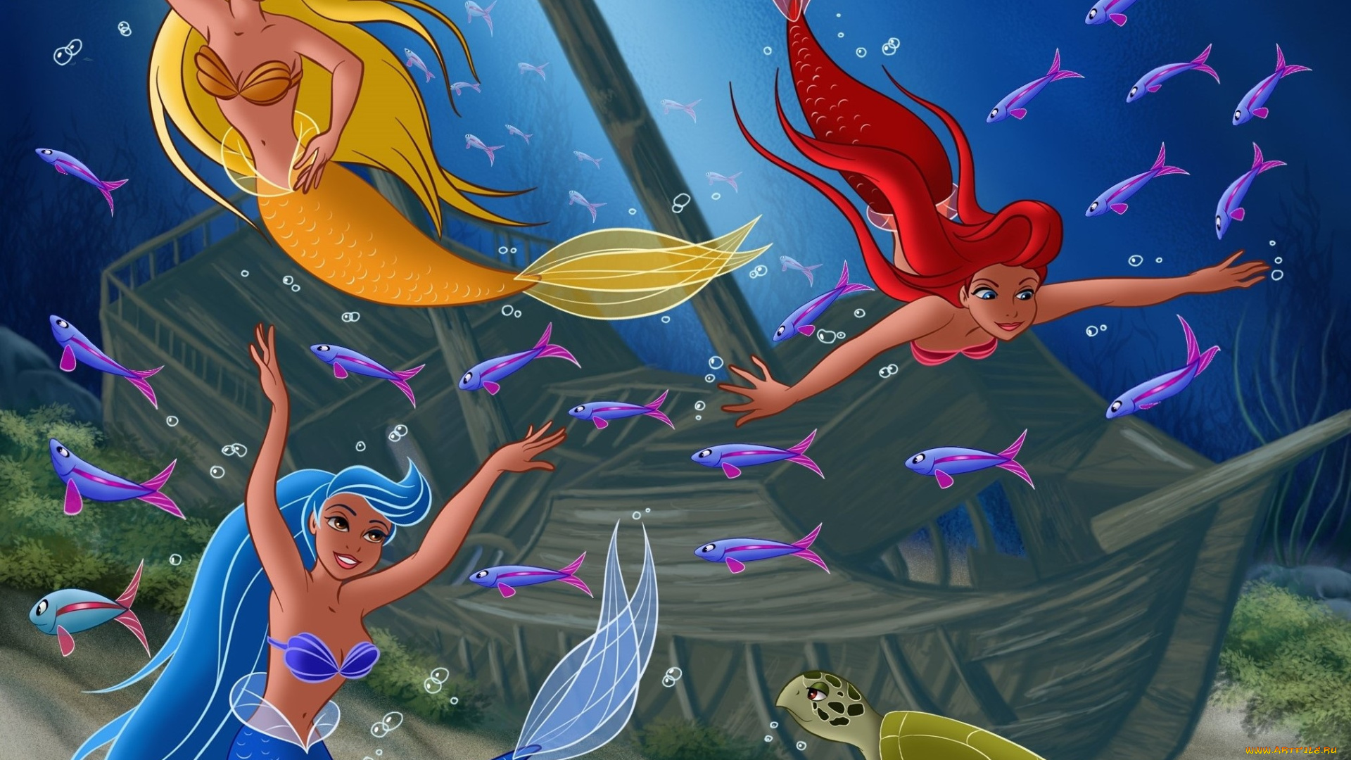 векторная, графика, мультфильмы, , cartoons, рыбы, море, русалки, лодка