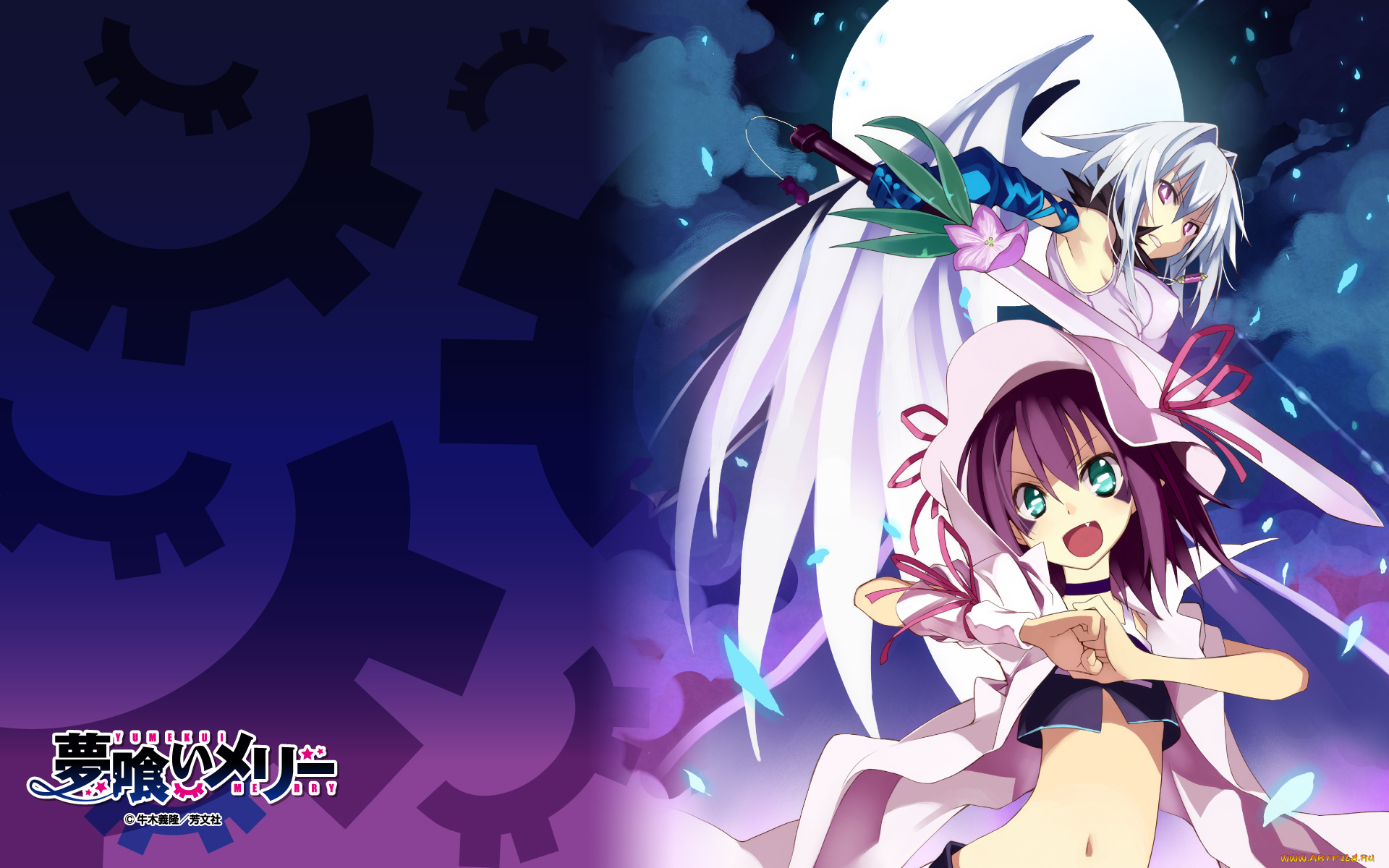 аниме, yumekui, merry, оружие, кулон, меч, полнолуние, луна, цветок, девушка, шляпа, татуировка, engi, threepiece, ленты, merry, nightmare