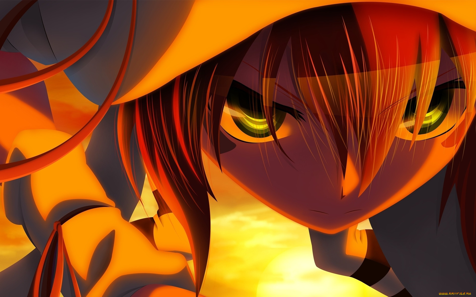 аниме, yumekui, merry, солнце, свет, закат, merry, nightmare, девушка, шляпа, татуировка, ленты