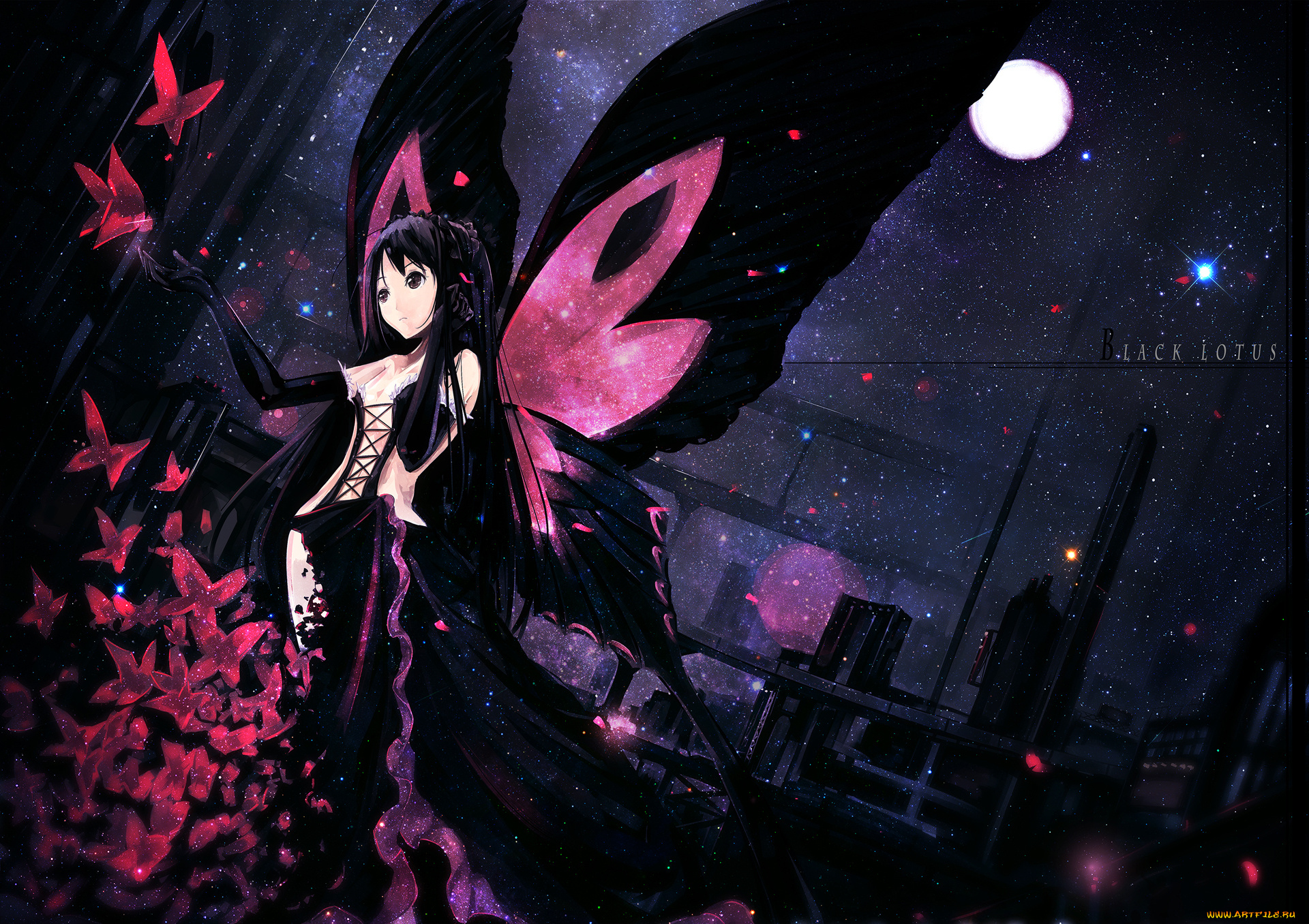 аниме, accel, world, город, крылья, бабочки, луна, полнолуние, перчатки, мерцание, ночь, девушка, oyeung, kuro, yuki, hime, платье, огни, звезды, здания