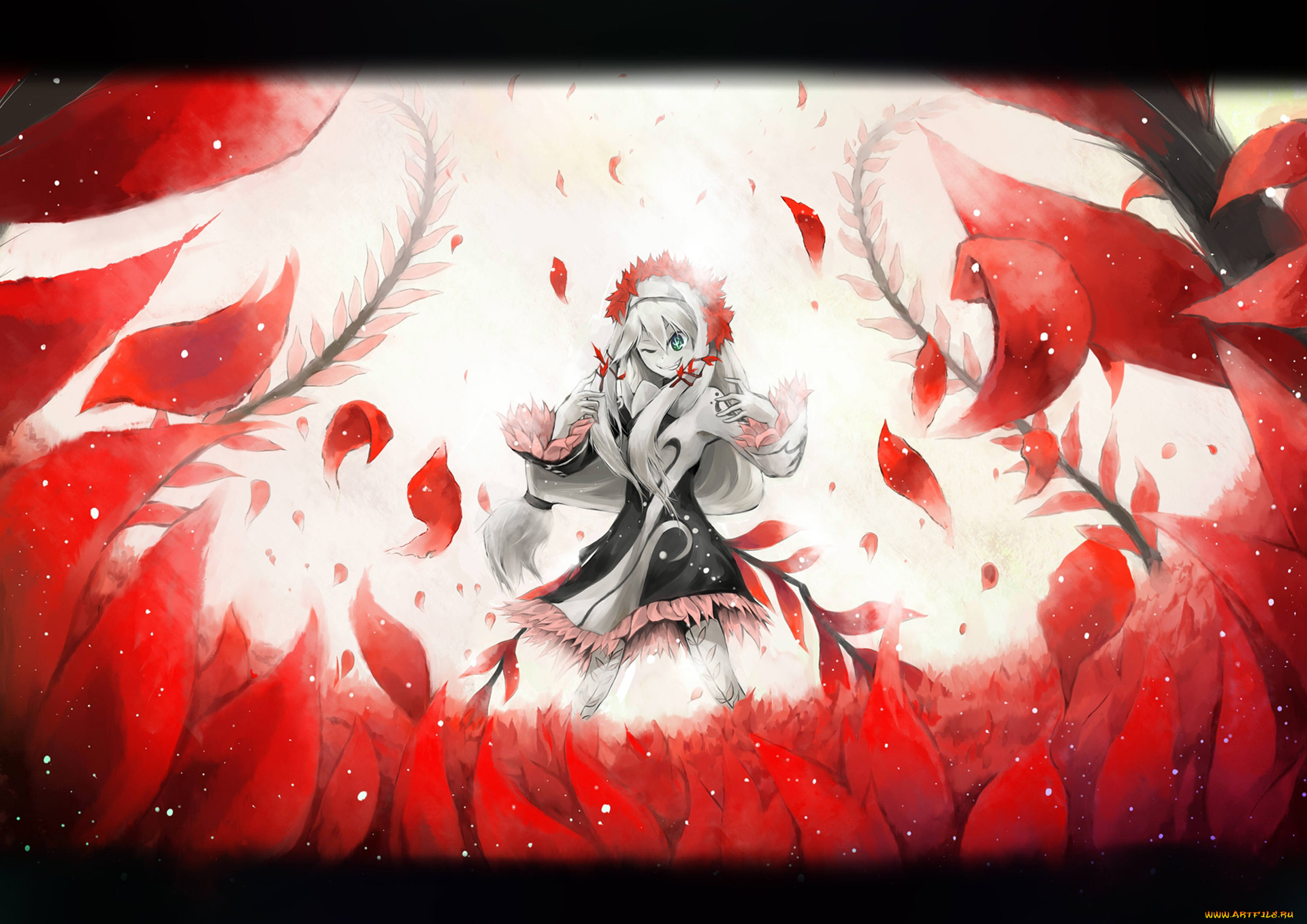 аниме, yumekui, merry, ухмылка, растения, mistelteinn, девушка, платье, листья