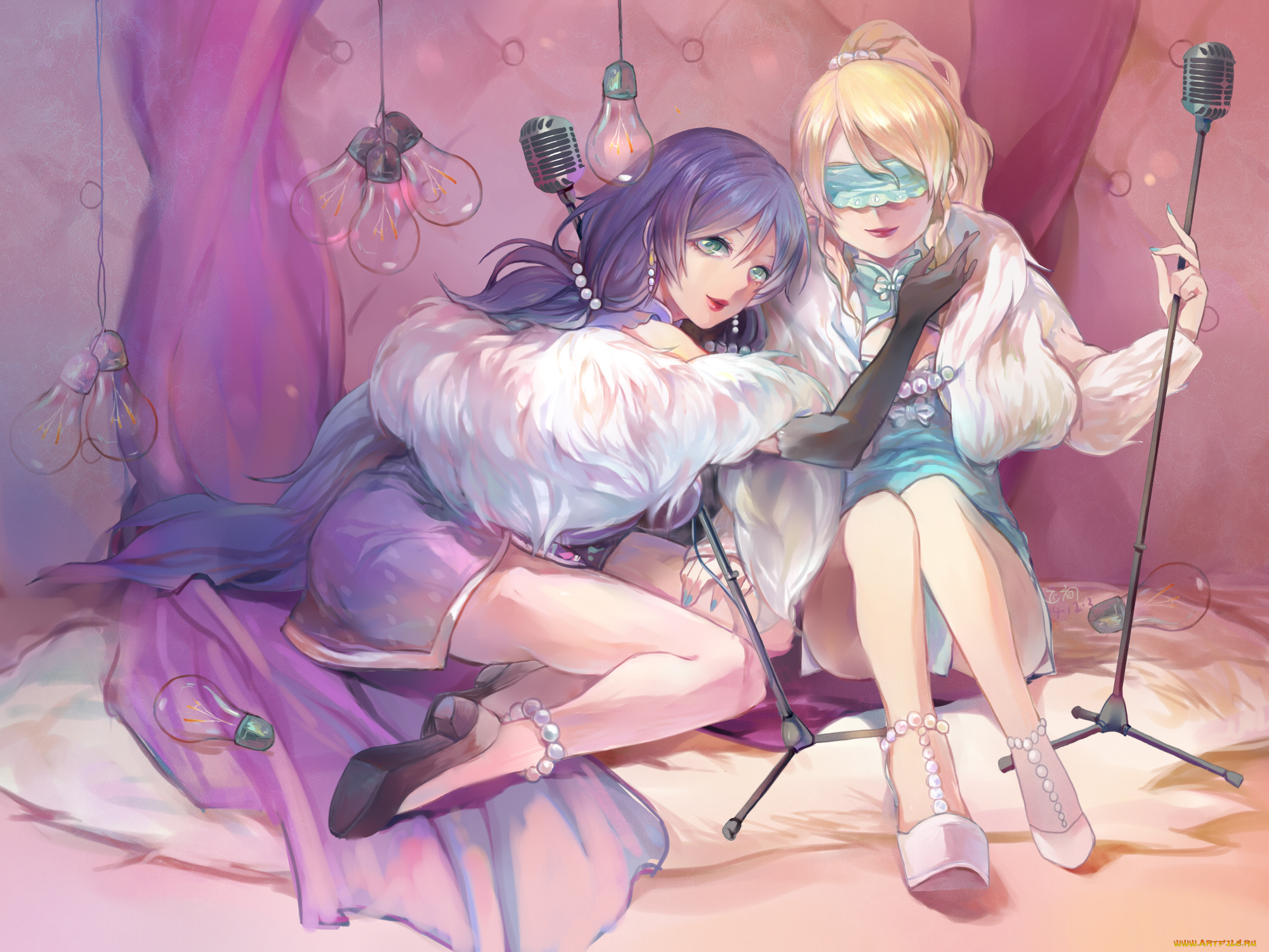 аниме, love, live, , school, idol, project, лампочка, манто, ayase, eli, платье, девушка, kae, hokora, туфли, toujou, nozomi, украшения, жемчуг, пол, повязка, музыка, микрофон