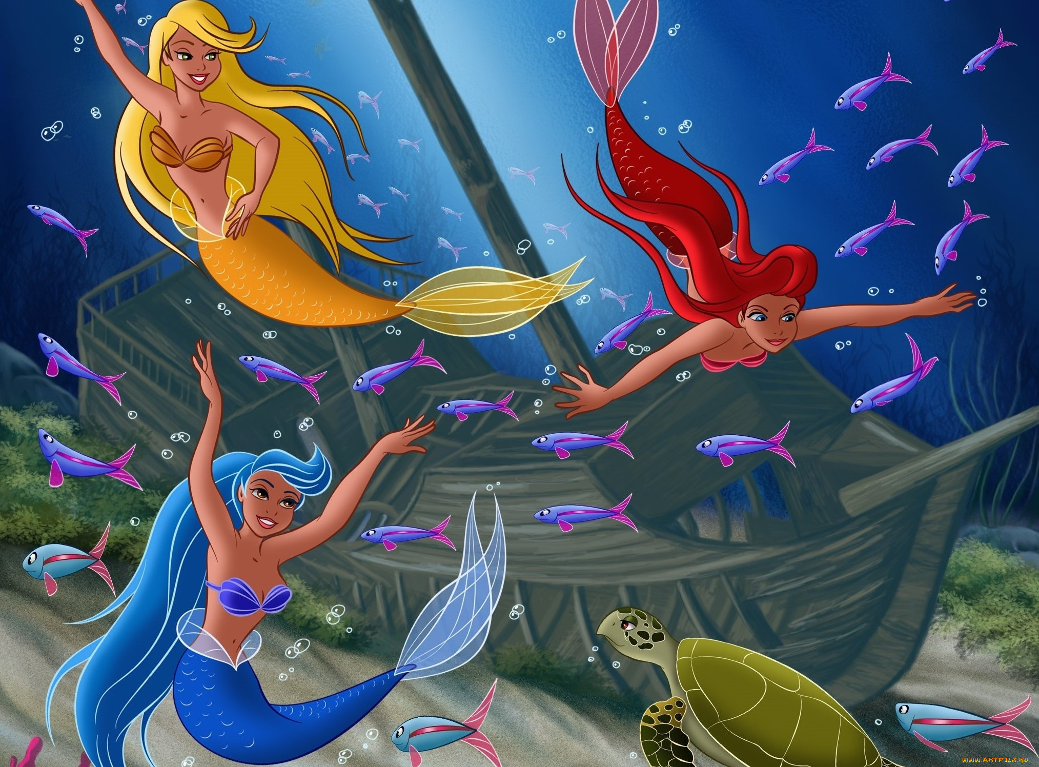 векторная, графика, мультфильмы, , cartoons, рыбы, море, русалки, лодка