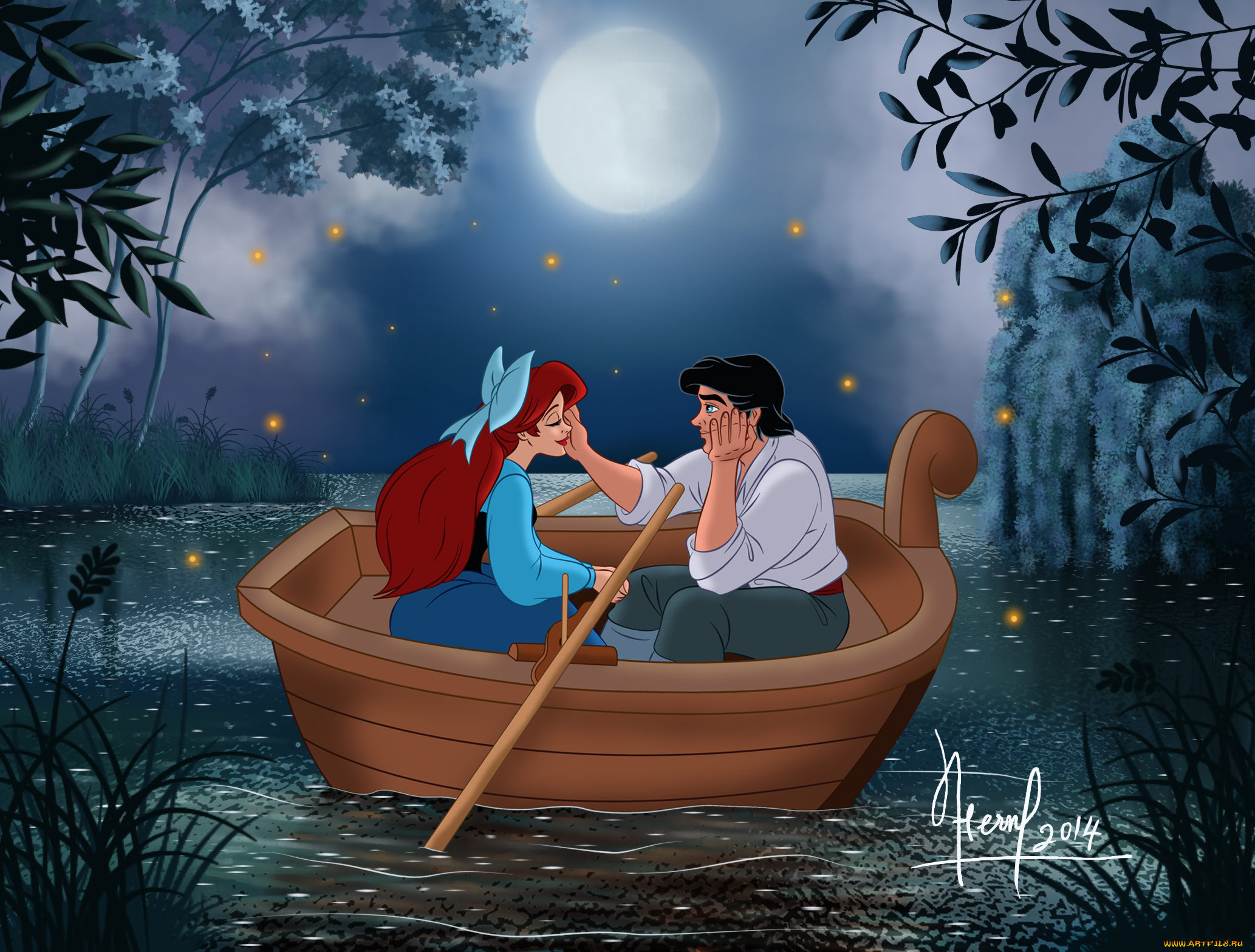 векторная, графика, мультфильмы, , cartoons, девушка, парень, лодка, фон, взгляд, вода, луна, деревья