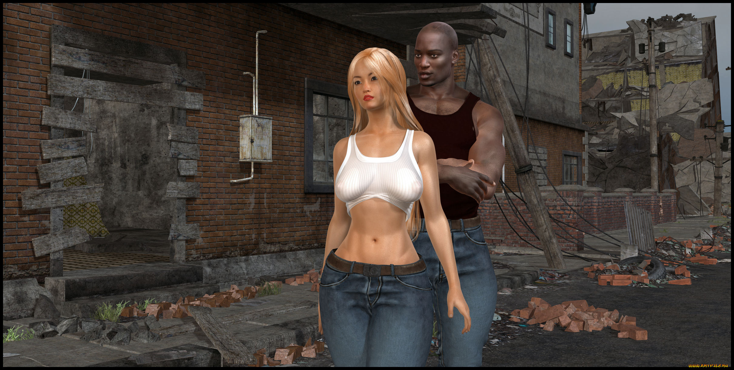 3д, графика, люди, , people, девушка, руины, мужчина, фон, взгляд