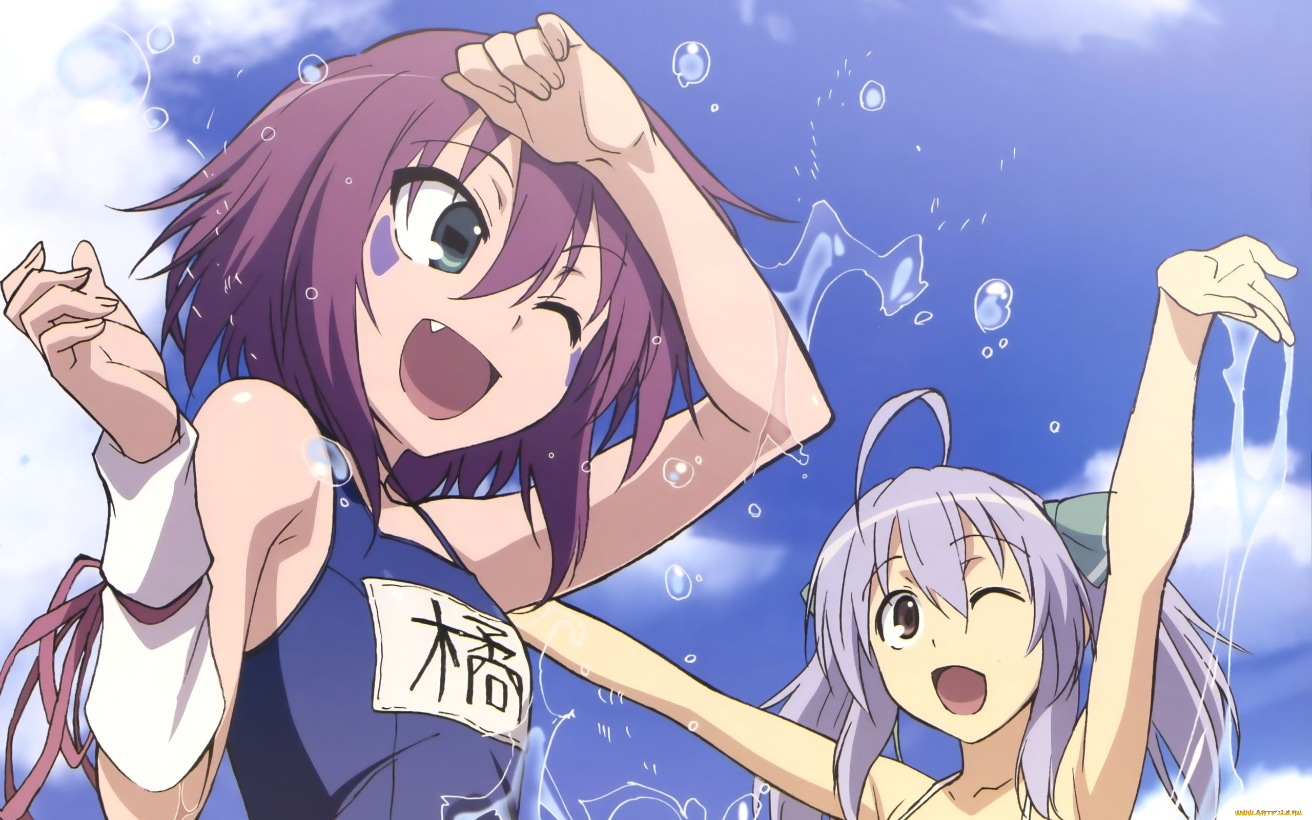 аниме, yumekui, merry, капли, ленты, вода, купальник, бант, облака, небо, девушки, tachibana, isana, merry, nightmare