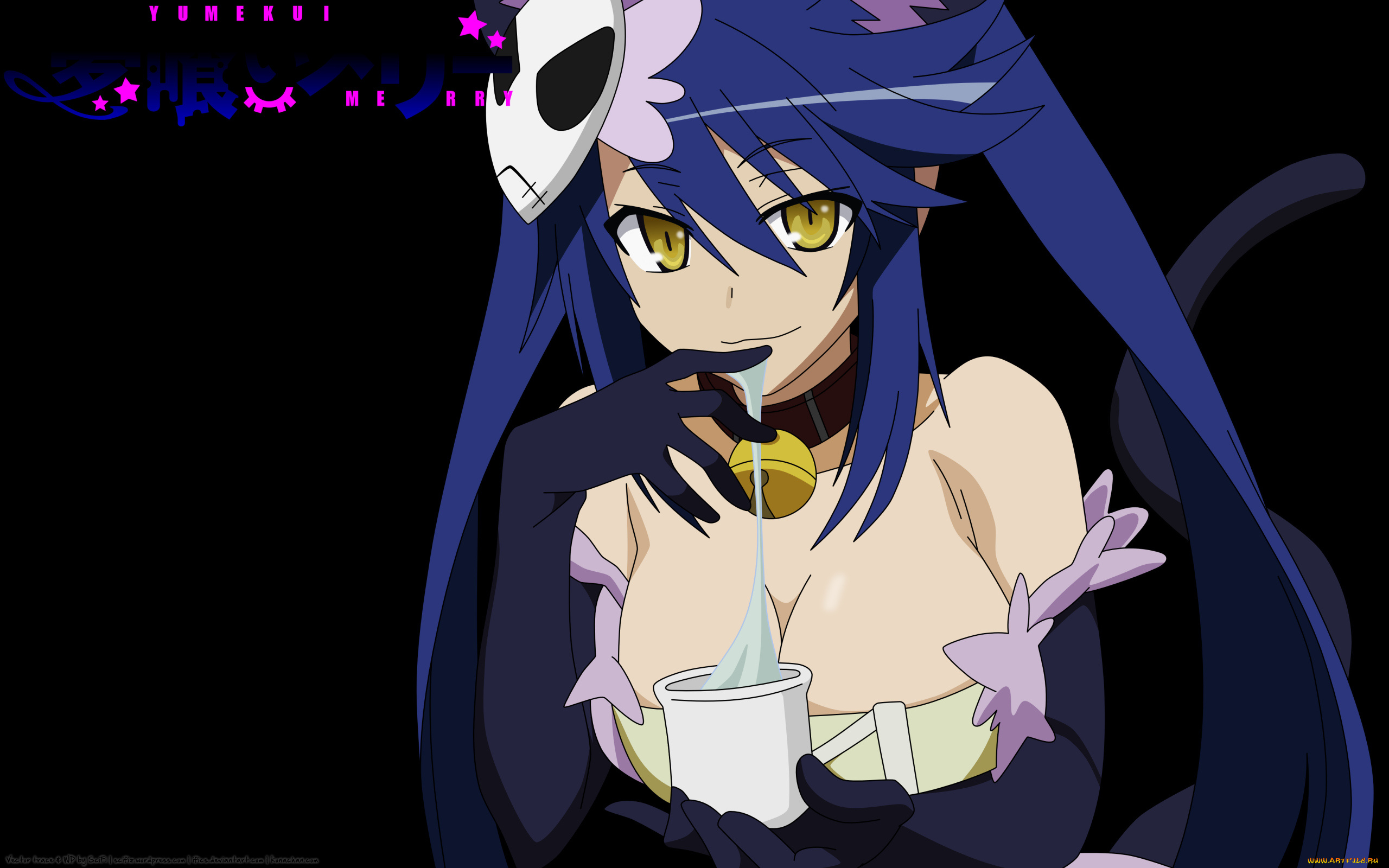 аниме, yumekui, merry, стакан, молоко, девушка, колокольчик, перчатки, хвост, ошейник, маска, albireo