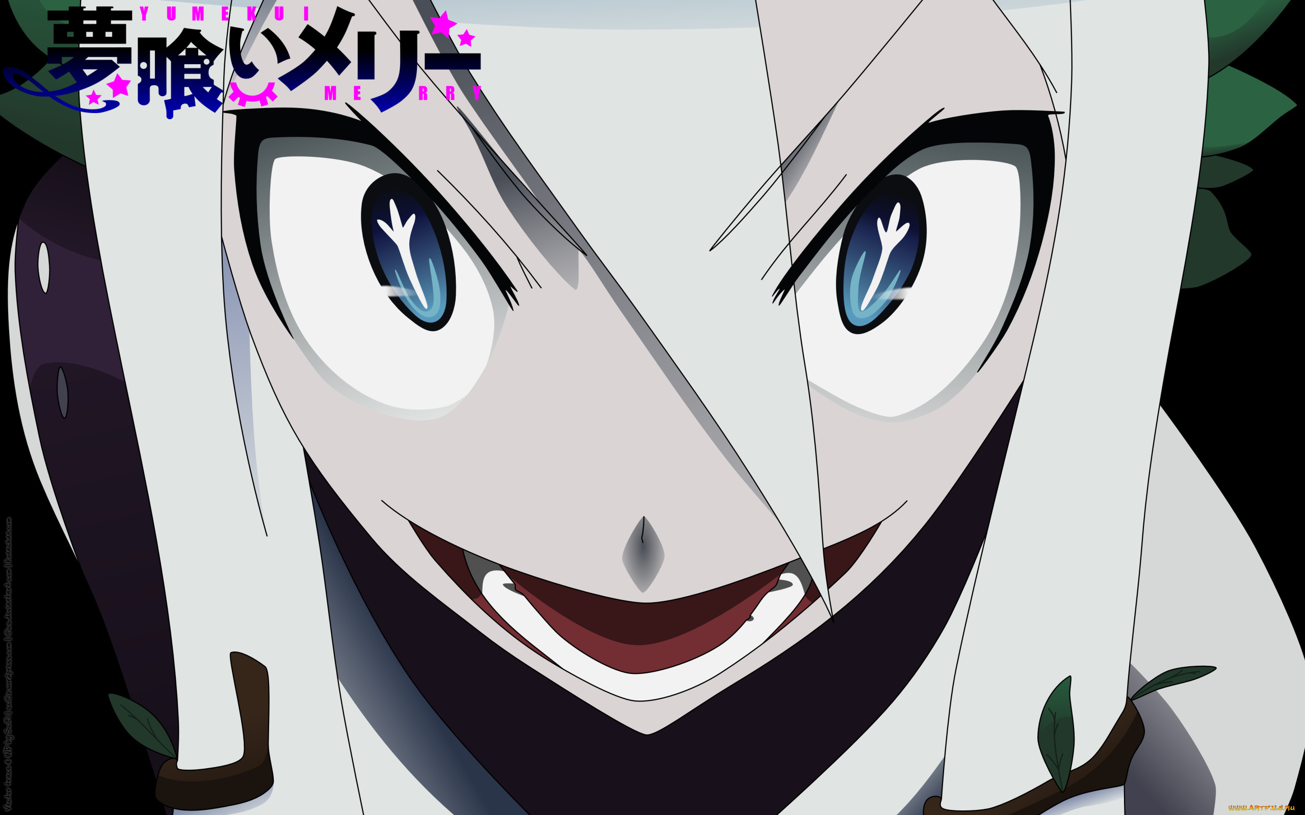 аниме, yumekui, merry, ухмылка, растения, листья, девушка, mistelteinn