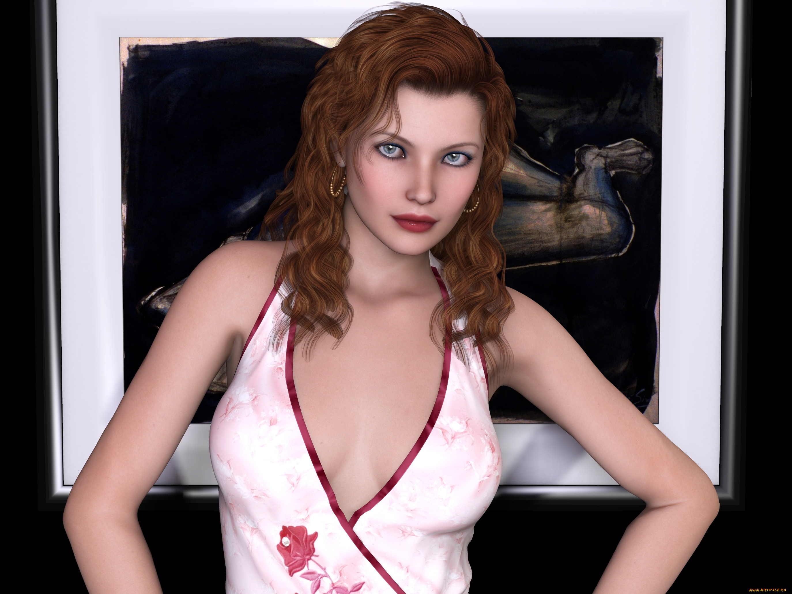 3д, графика, люди, , people, девушка, рыжая, фон, взгляд