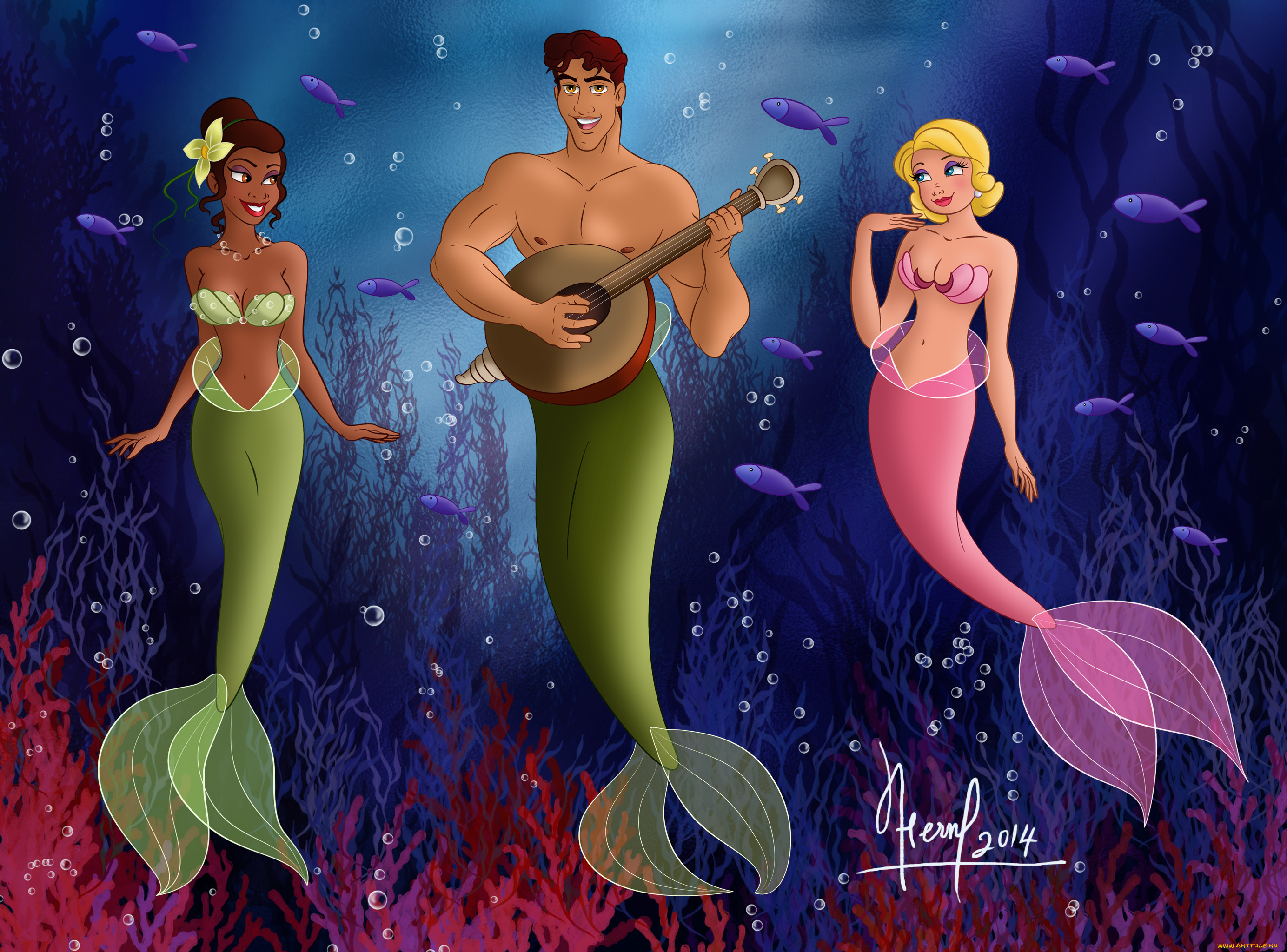векторная, графика, мультфильмы, , cartoons, водоросли, рыбы, русалки