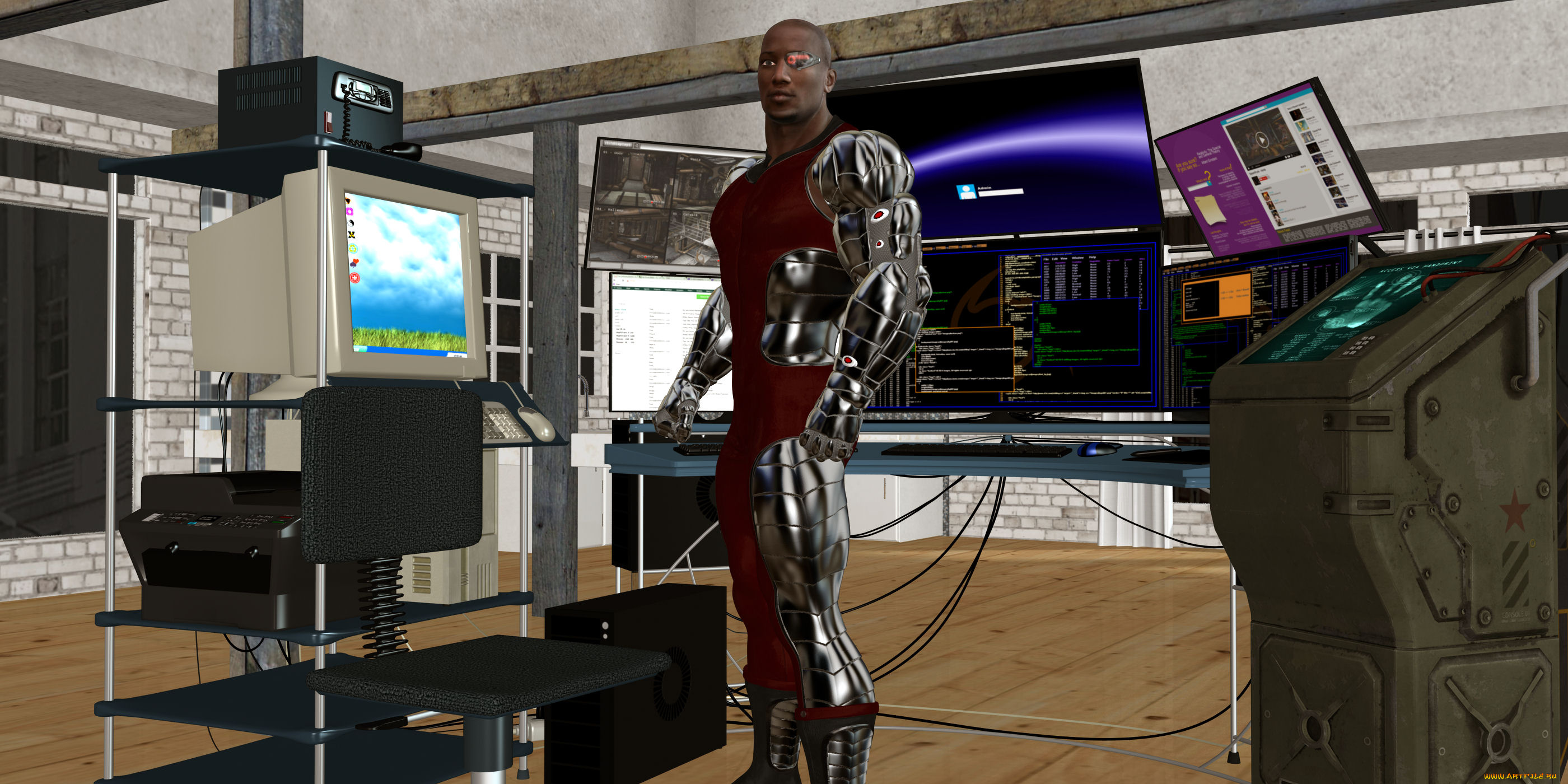 3д, графика, _science, fiction, фон, киборг, взгляд, мужчина