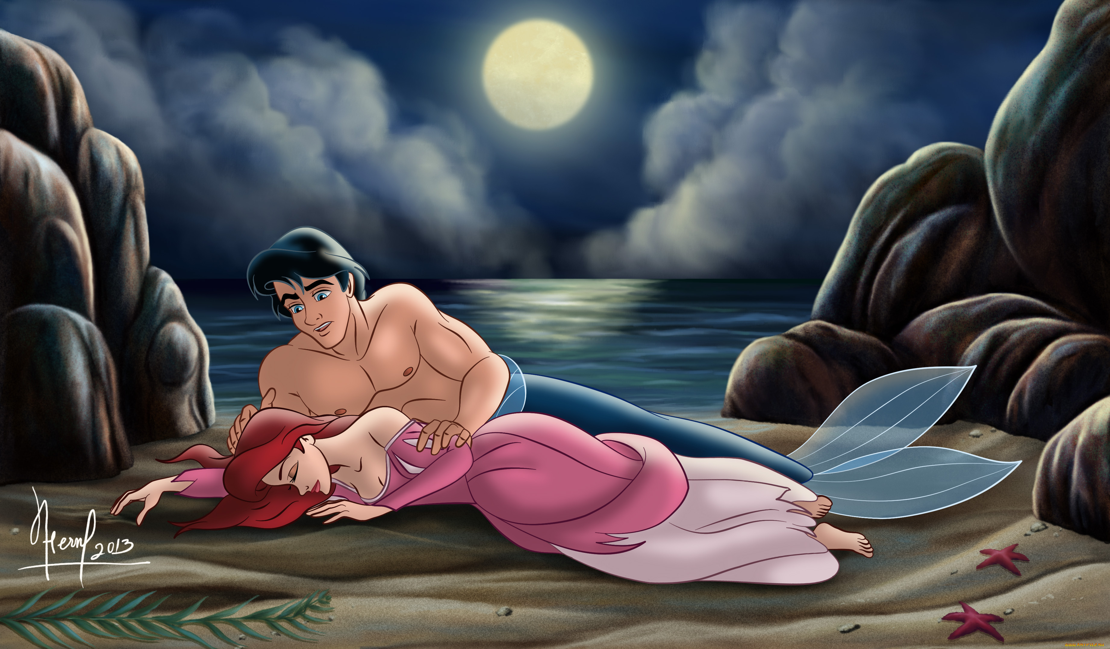 векторная, графика, мультфильмы, , cartoons, море, луна, девушка