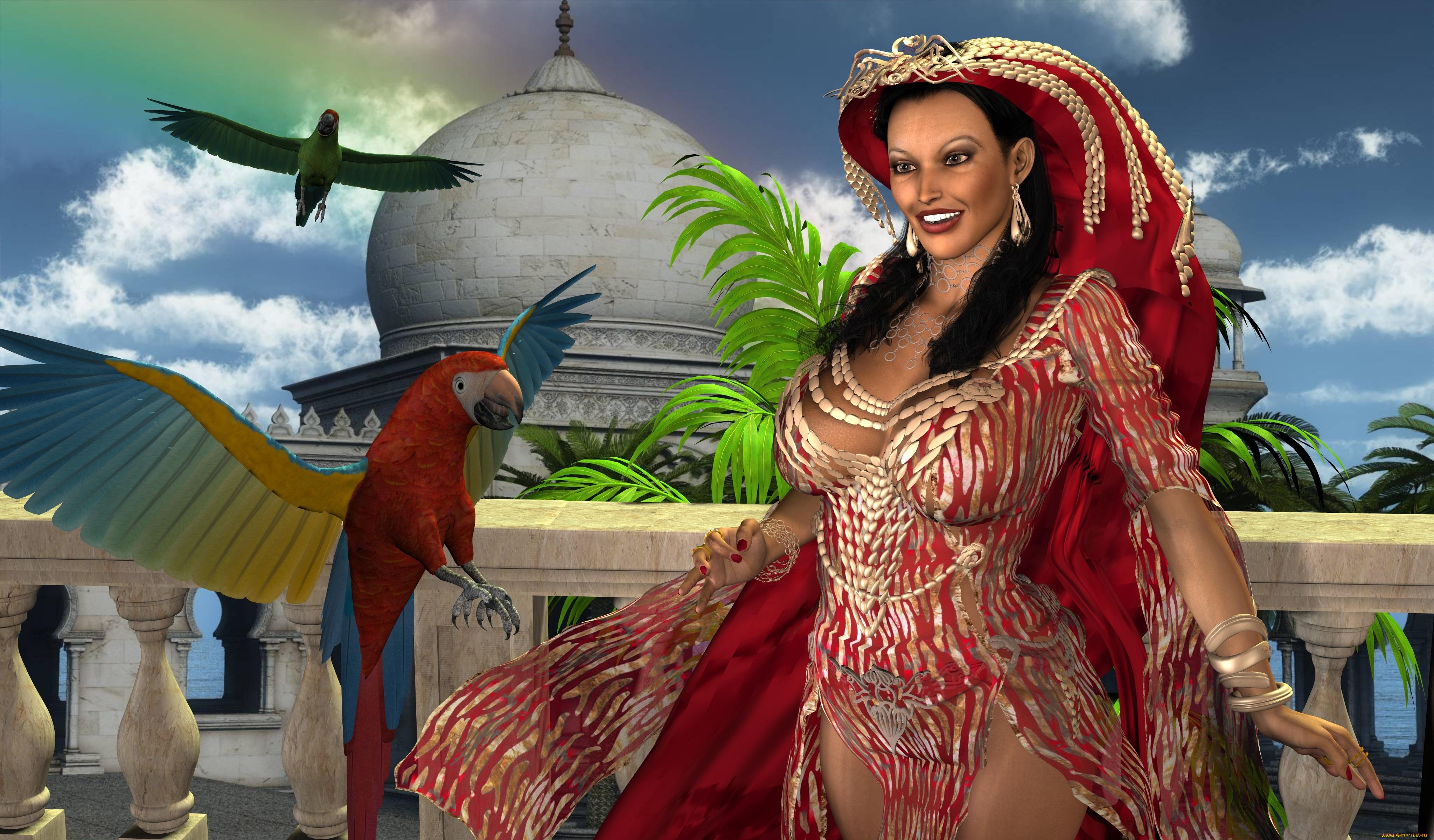 3д, графика, люди, , people, фон, взгляд, девушка, улыбка, птицы