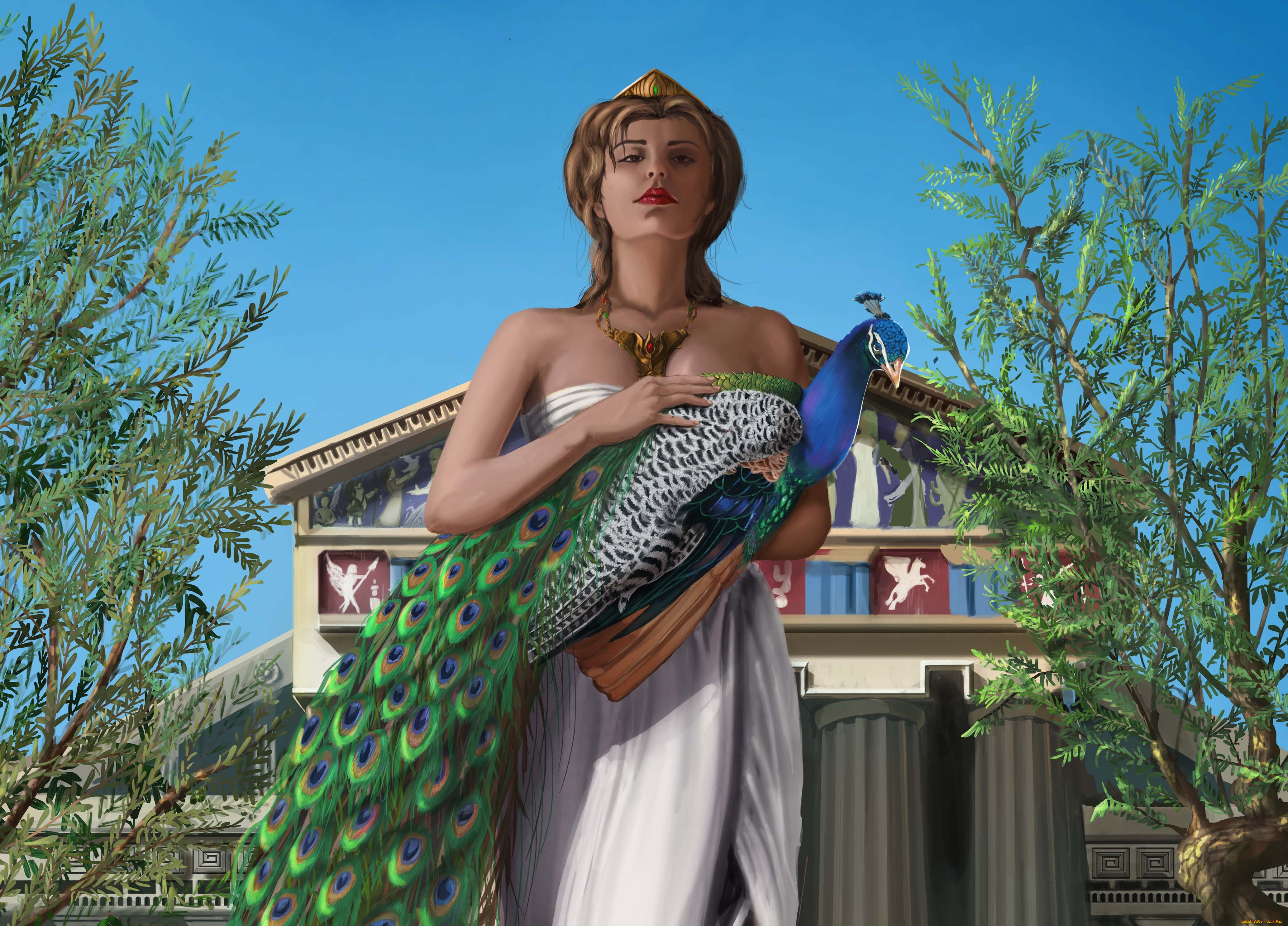 рисованное, люди, деревья, дворец, богиня, девушка, павлин, гера
