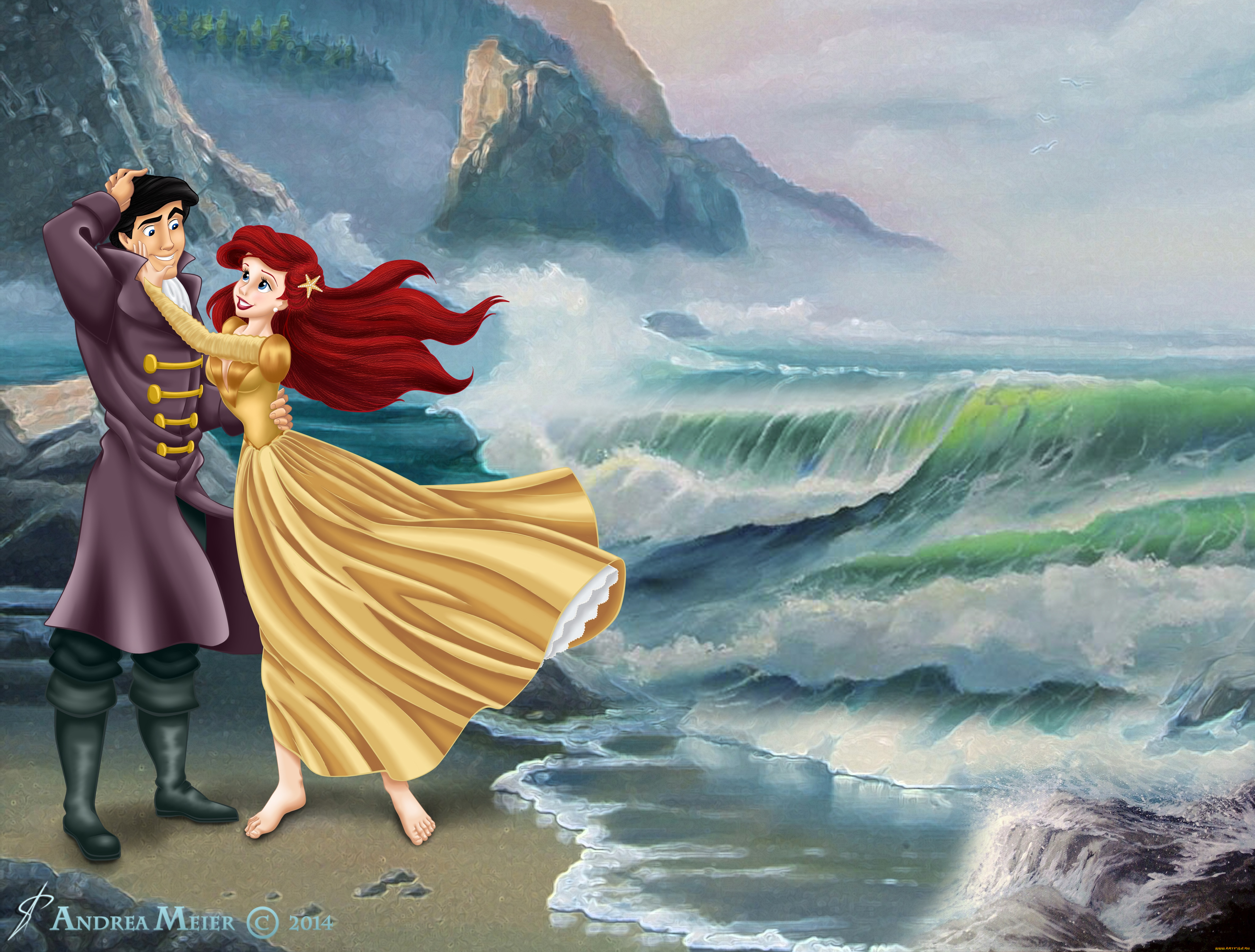 векторная, графика, мультфильмы, , cartoons, взгляд, девушка, горы, море, волны, парень, фон