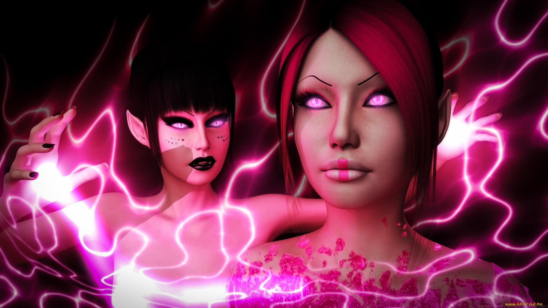 3д, графика, эльфы, , elves, магия, фон, взгляд, эльфийки