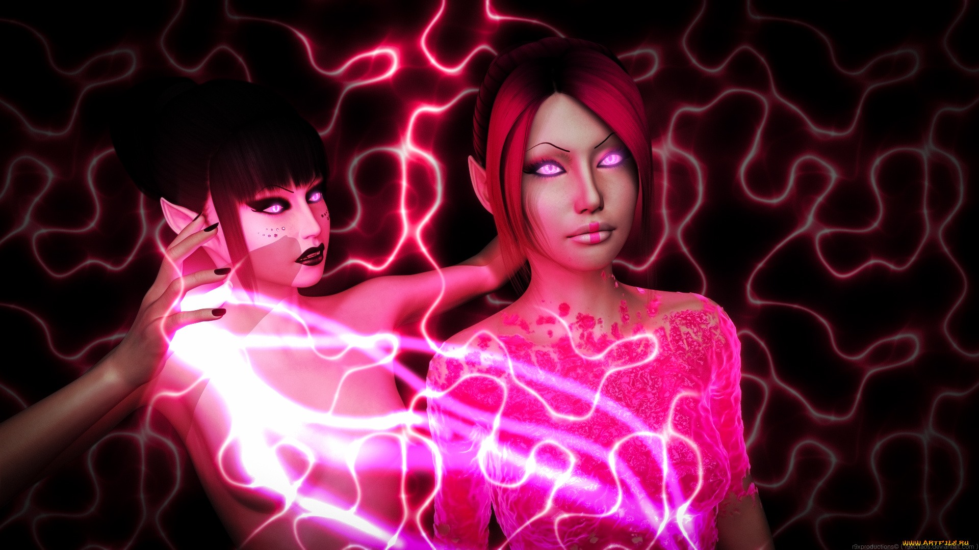 3д, графика, эльфы, , elves, магия, фон, взгляд, эльфийки