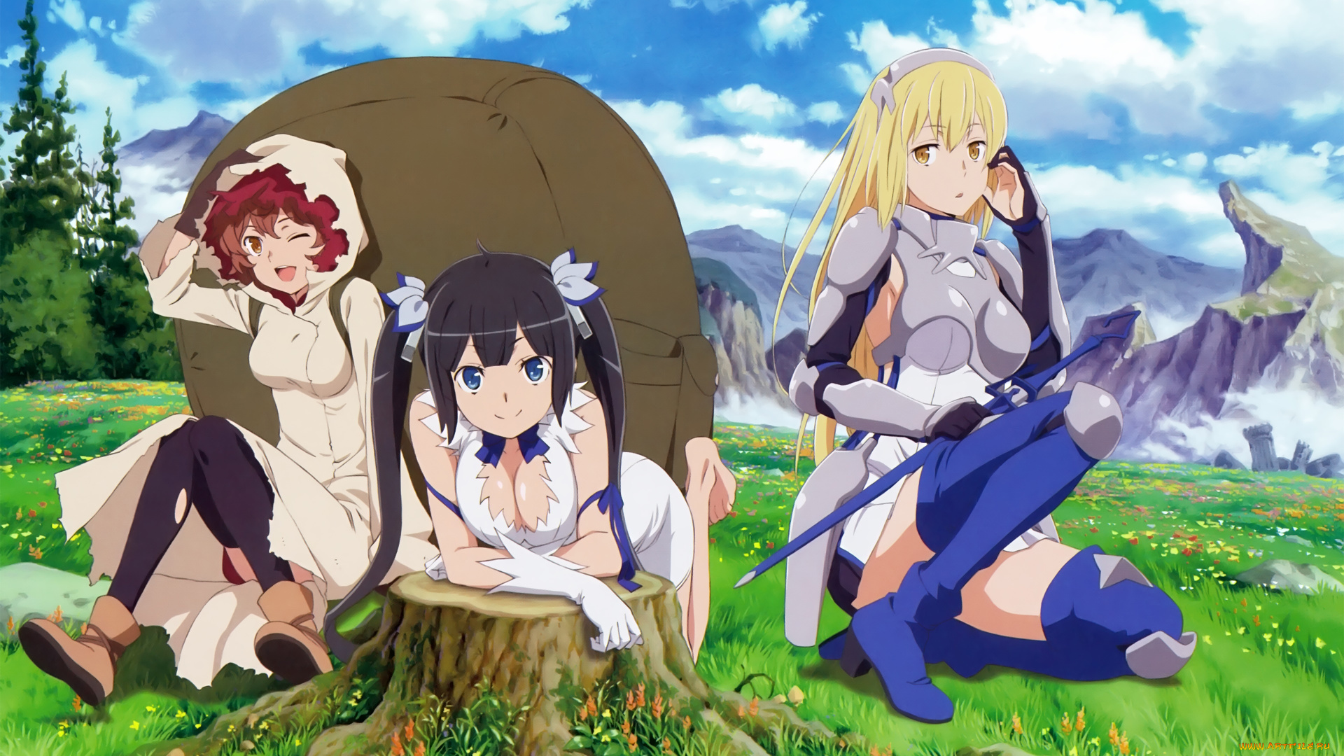 аниме, danmachi, девушки, взгляд, фон