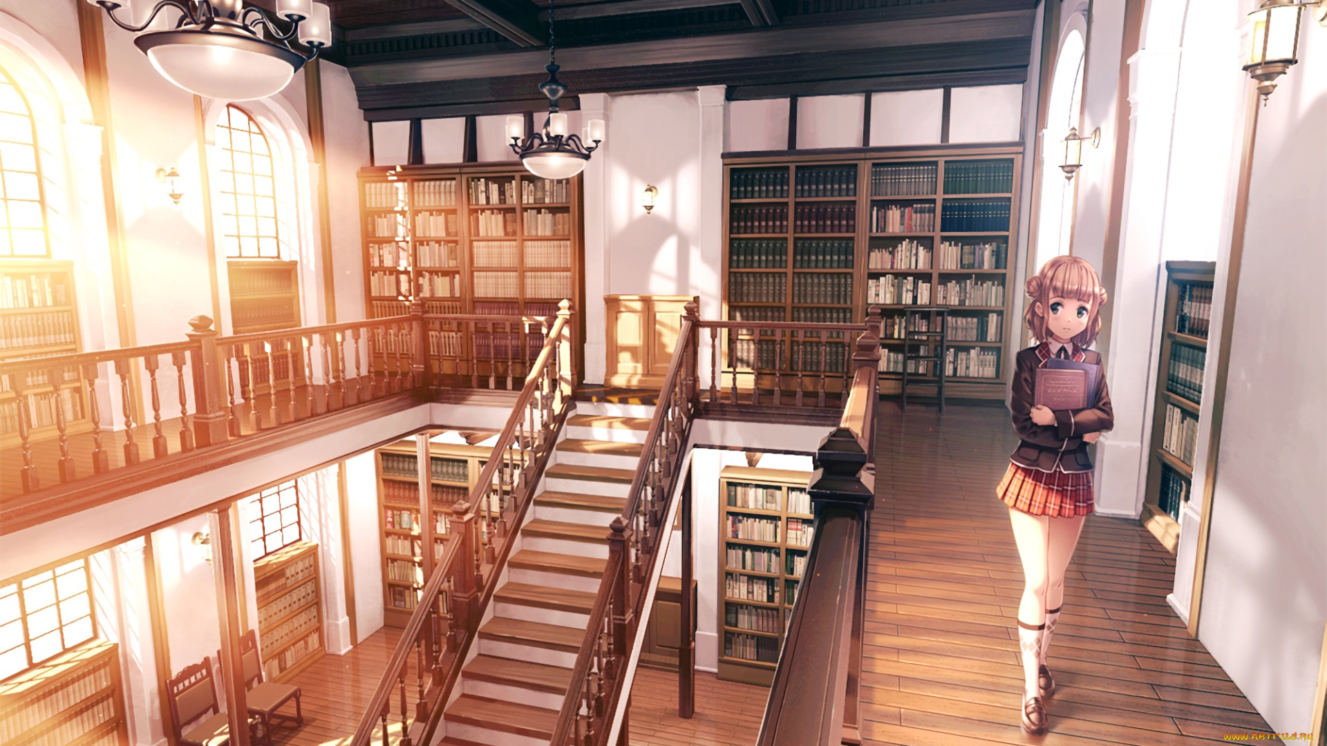 аниме, город, , улицы, , здания, дом, лестница, девочка