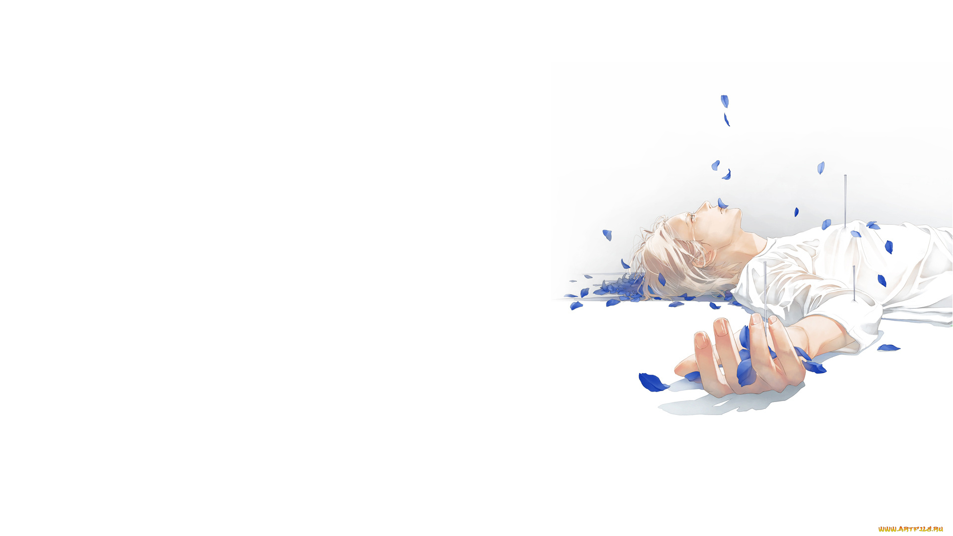 аниме, unknown, , другое, art, re, парень, лежит, лепестки, гвозди, слезы