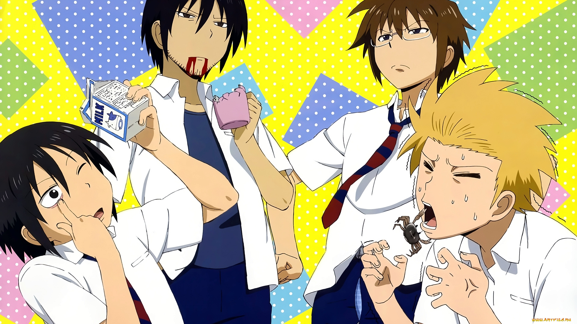 danshi, koukousei, no, nichijou, аниме, парни, взгляд, фон