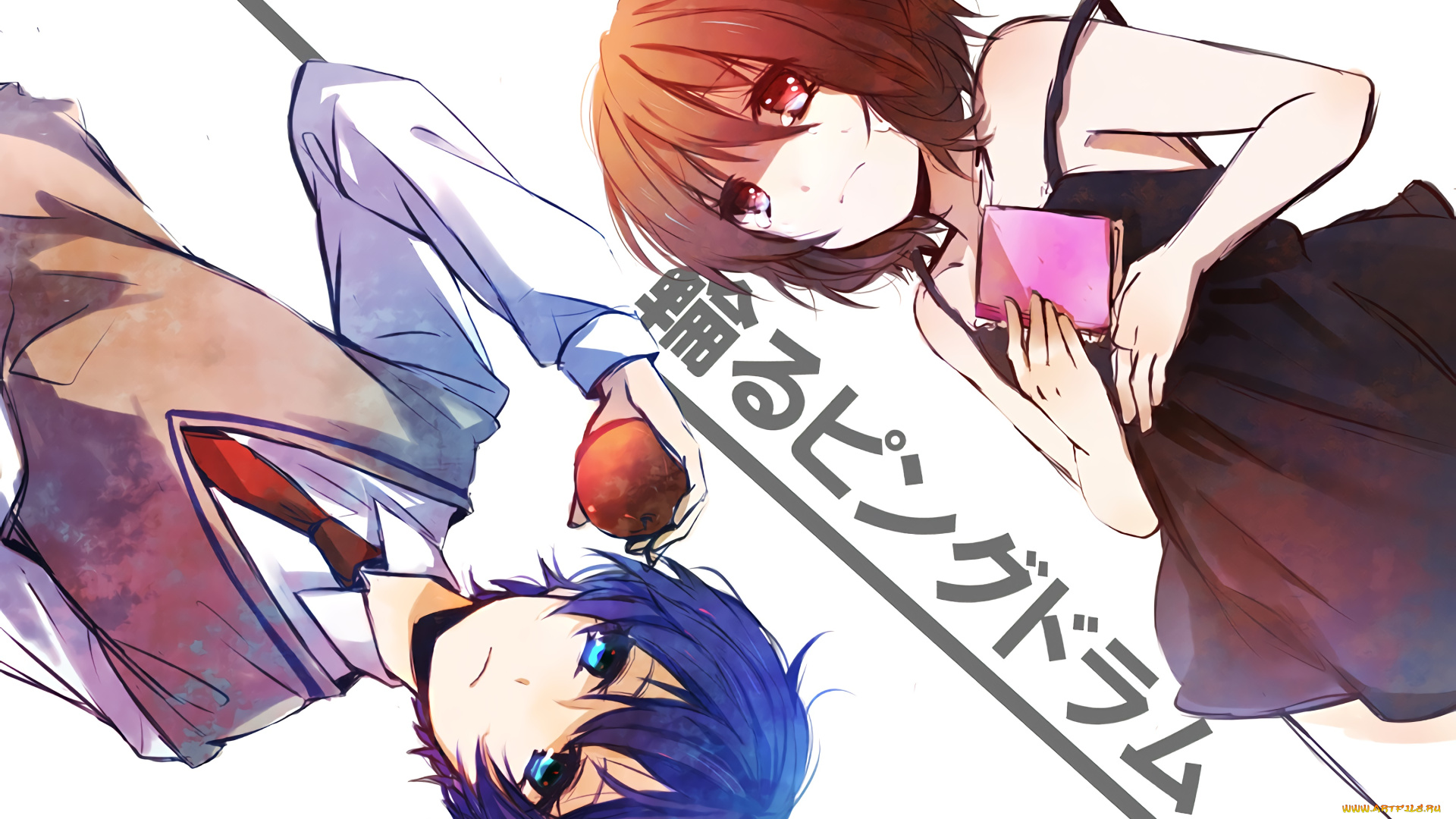 mawaru, penguin, drum, аниме, девушка, парень, фон, взгляд