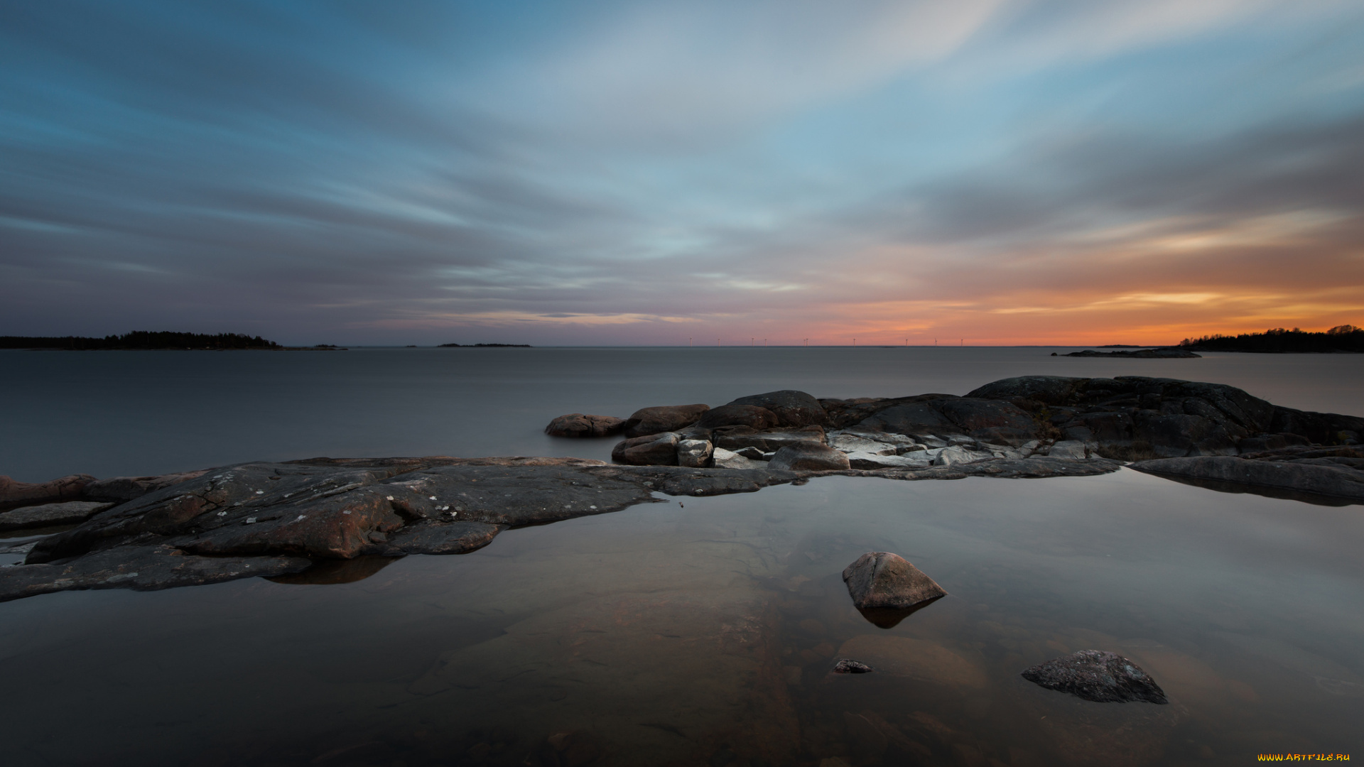 природа, побережье, рассвет, залив, море, камни