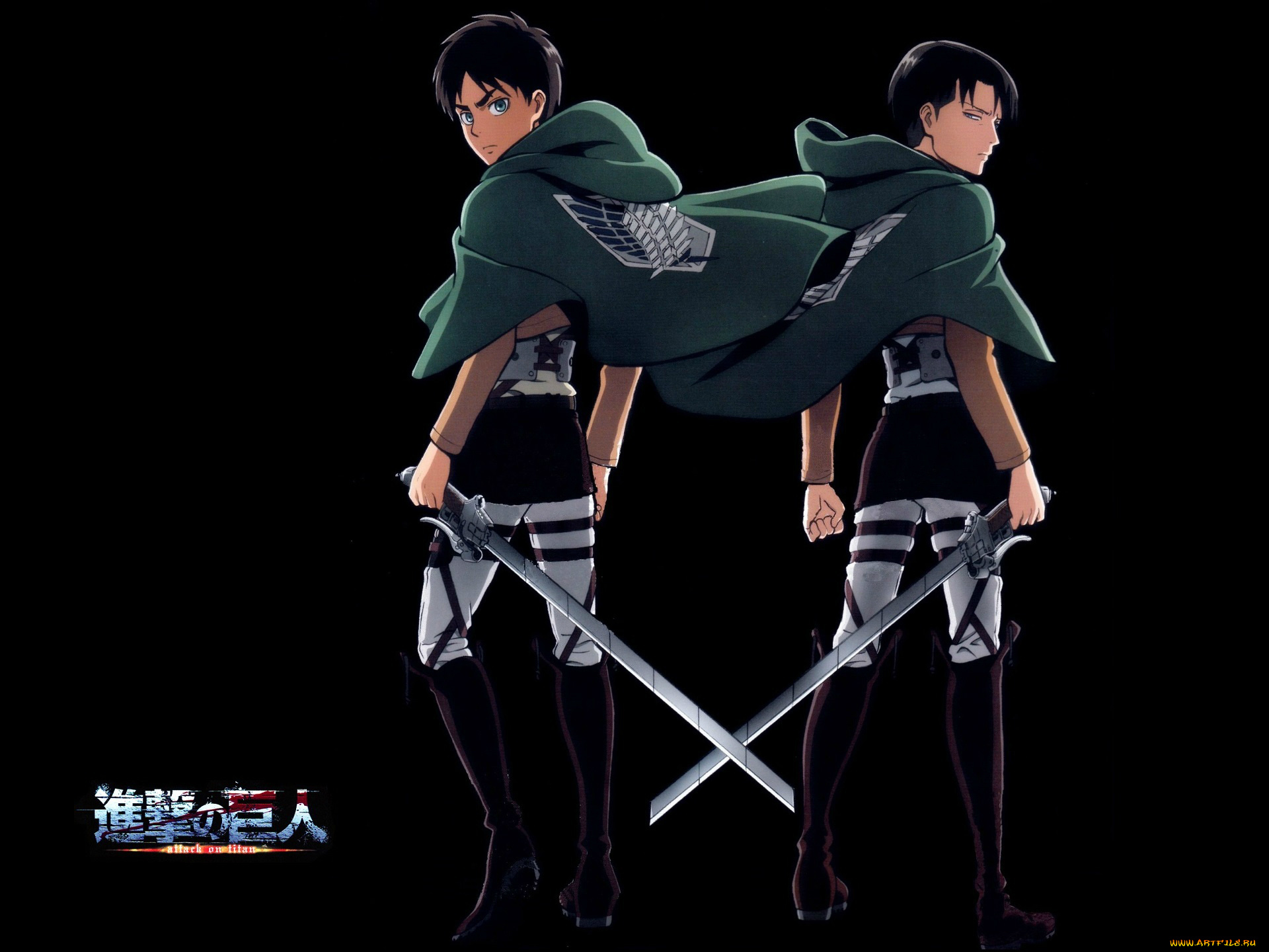 аниме, shingeki, no, kyojin, shingeki, no, kyojin, вторжение, титанов, военная, форма, levi, ackerman, eren, yeager, черный, фон, art, hajime, isayama, клинки