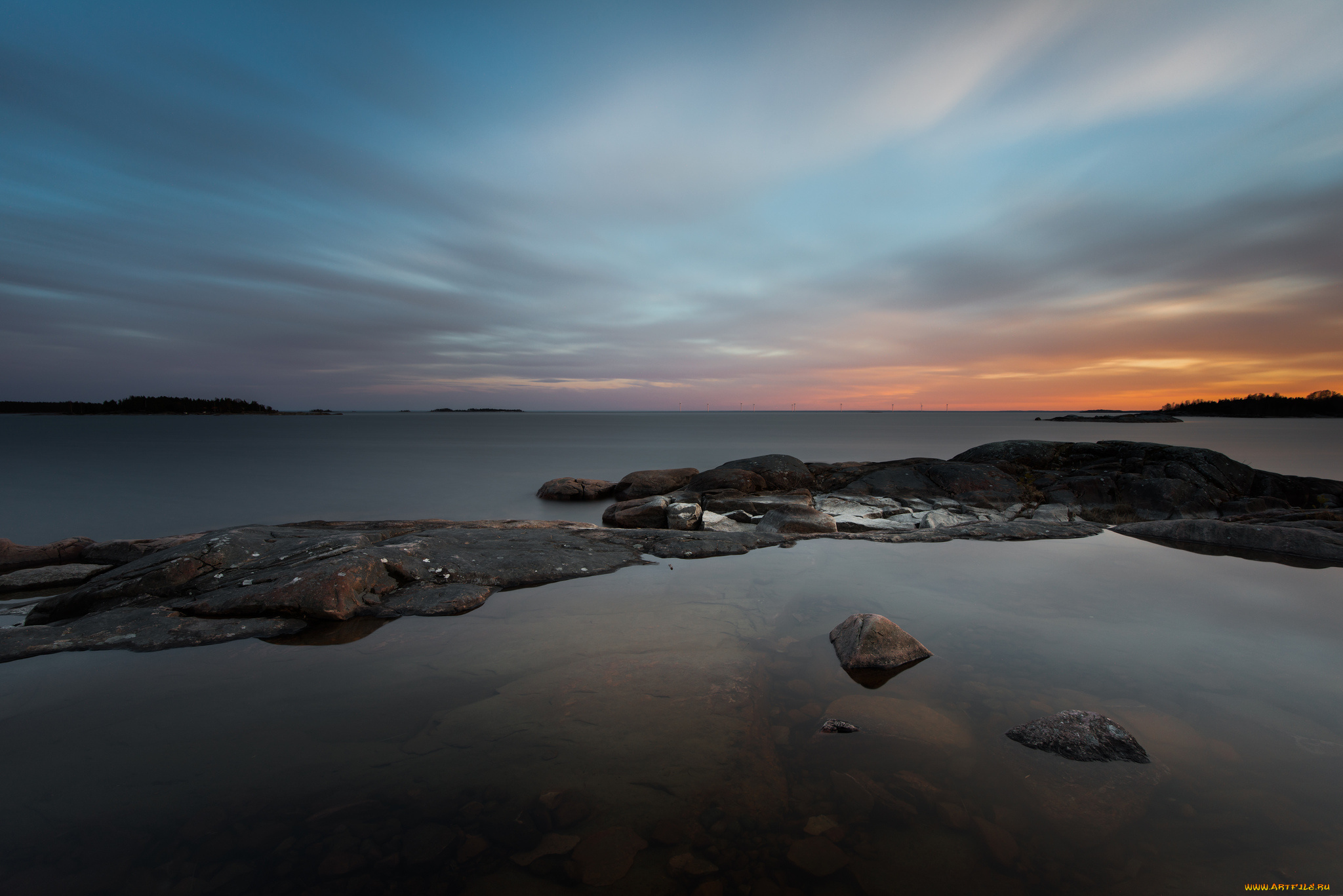 природа, побережье, рассвет, залив, море, камни