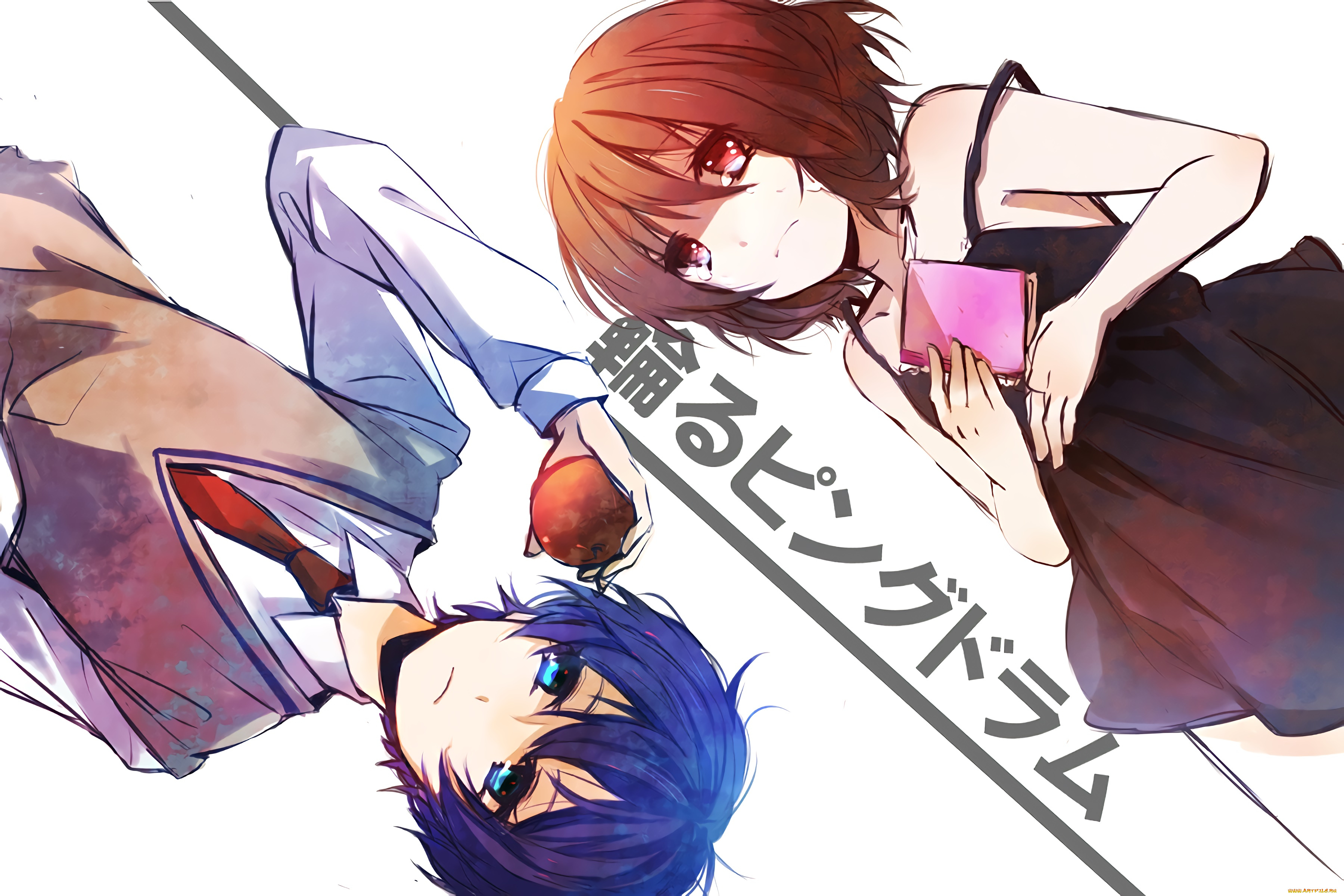 mawaru, penguin, drum, аниме, девушка, парень, фон, взгляд