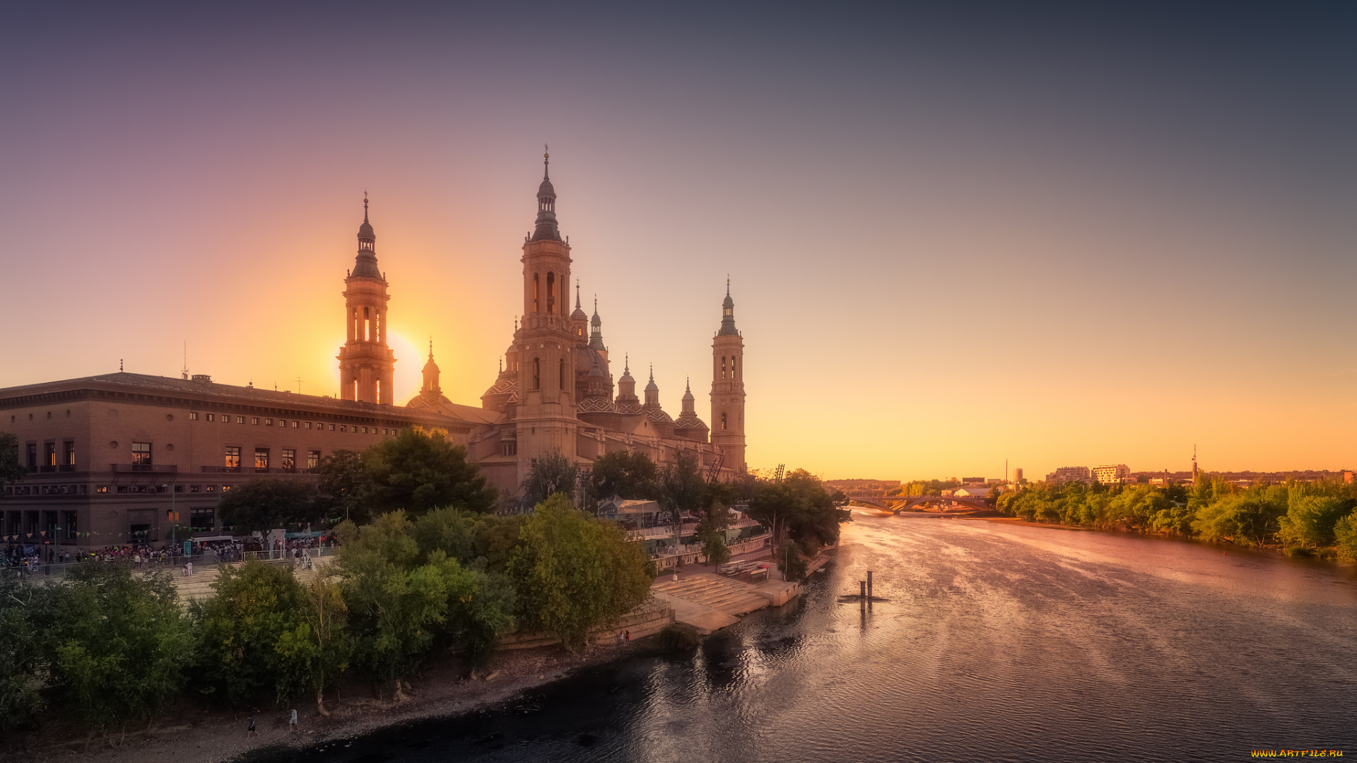 atardecer, en, zaragoza, города, -, пейзажи, река, шпили