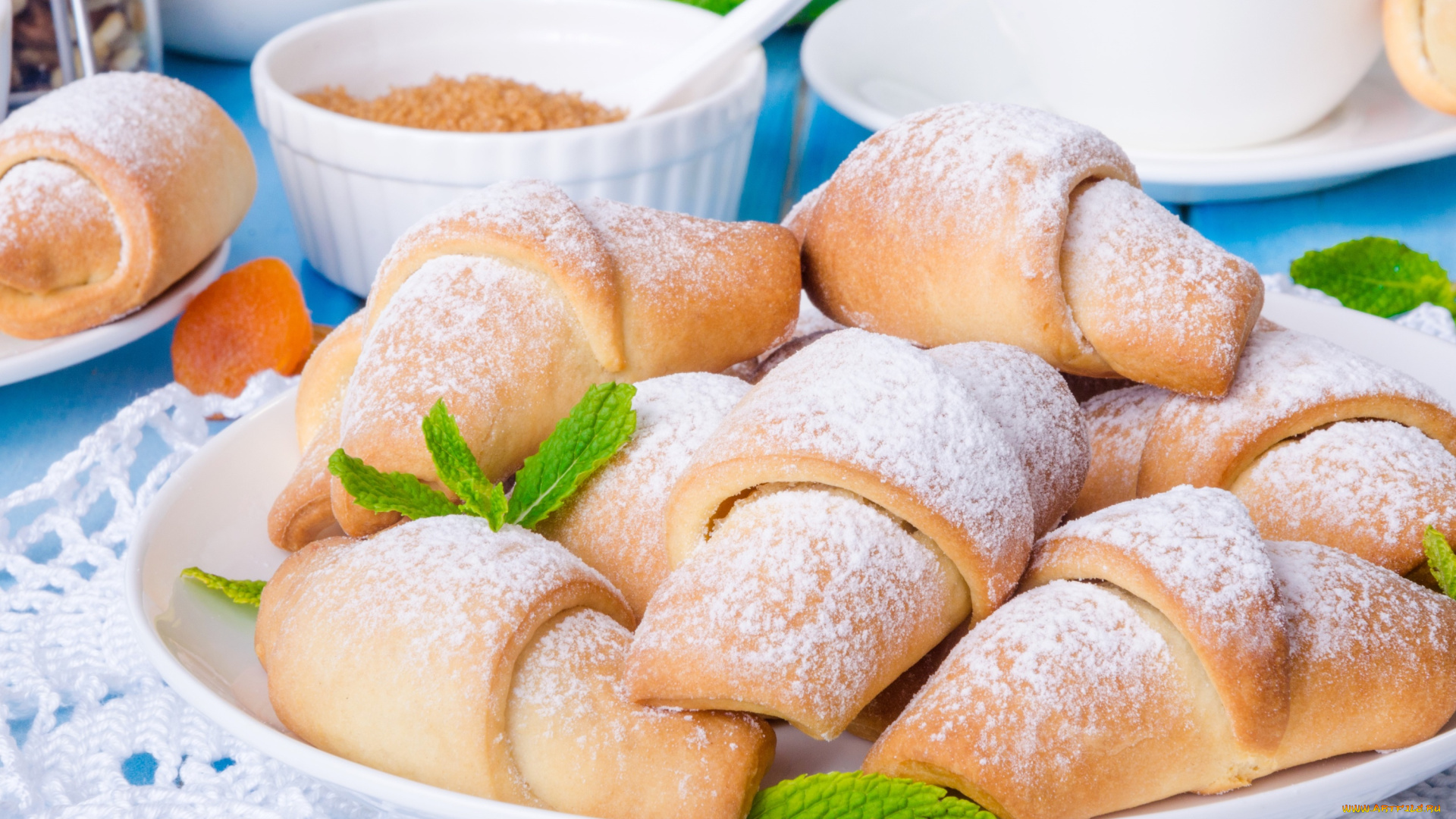 еда, хлеб, , выпечка, свежие, круассаны, на, столе