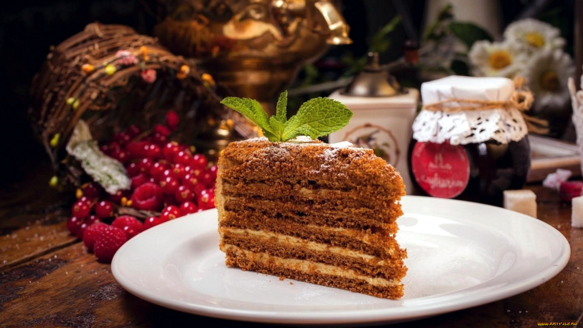 еда, торты, медовый, торт, мята