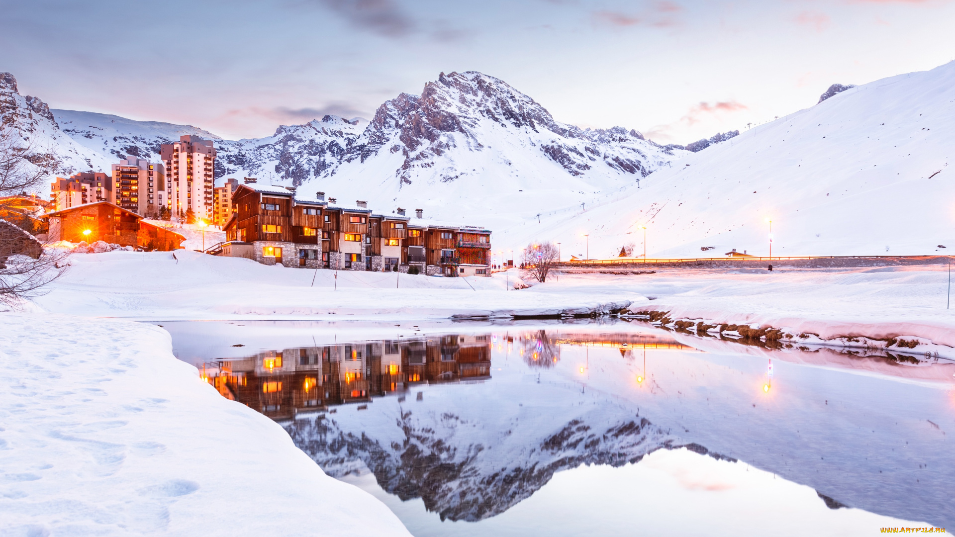 города, -, пейзажи, альпы, снег, горы, франция, зима, курорт, отель, тинь, озеро