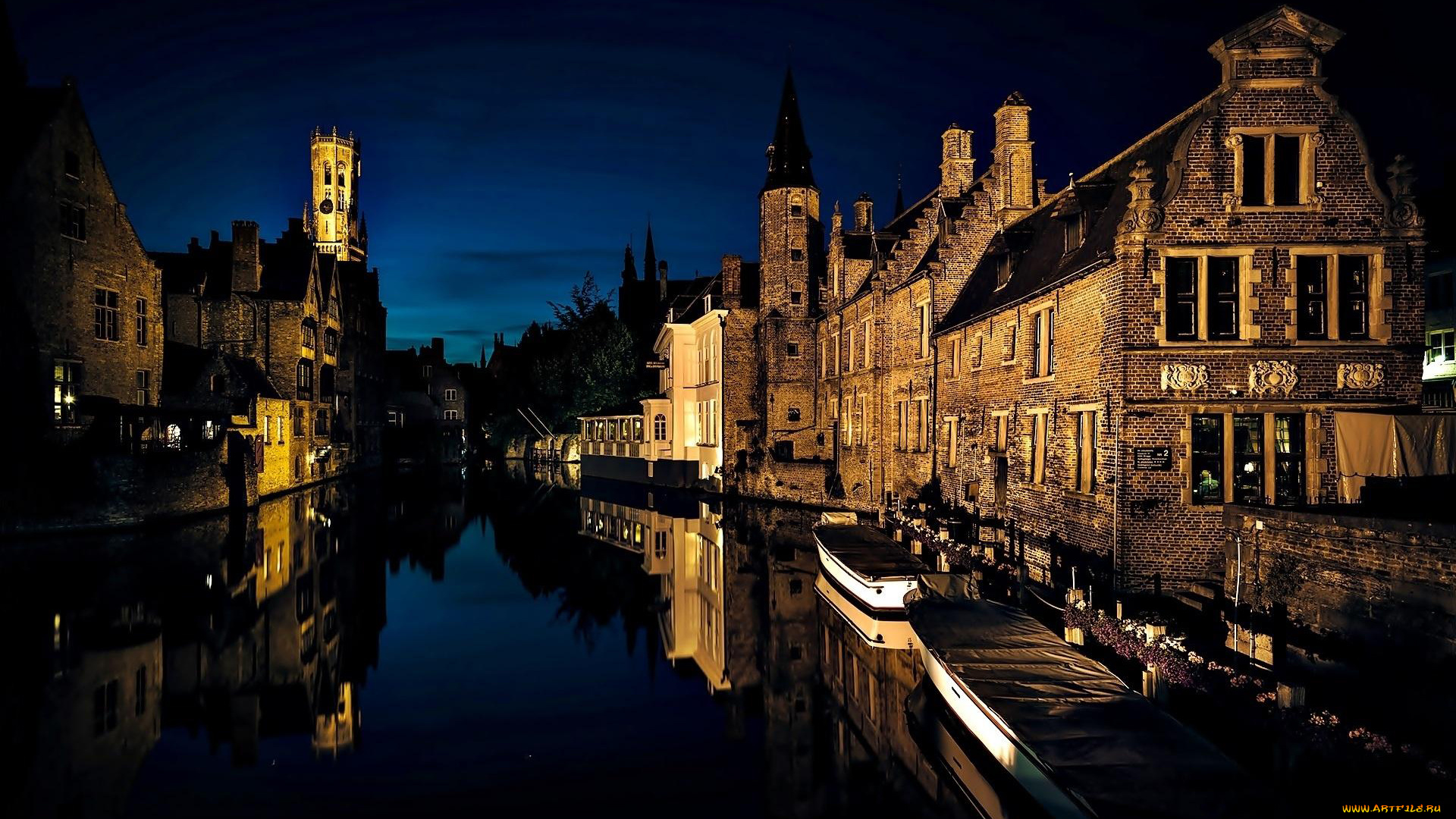 города, брюгге, , бельгия, канал, ночь