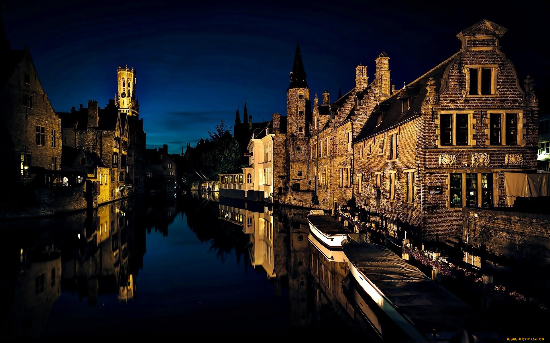 города, брюгге, , бельгия, канал, ночь