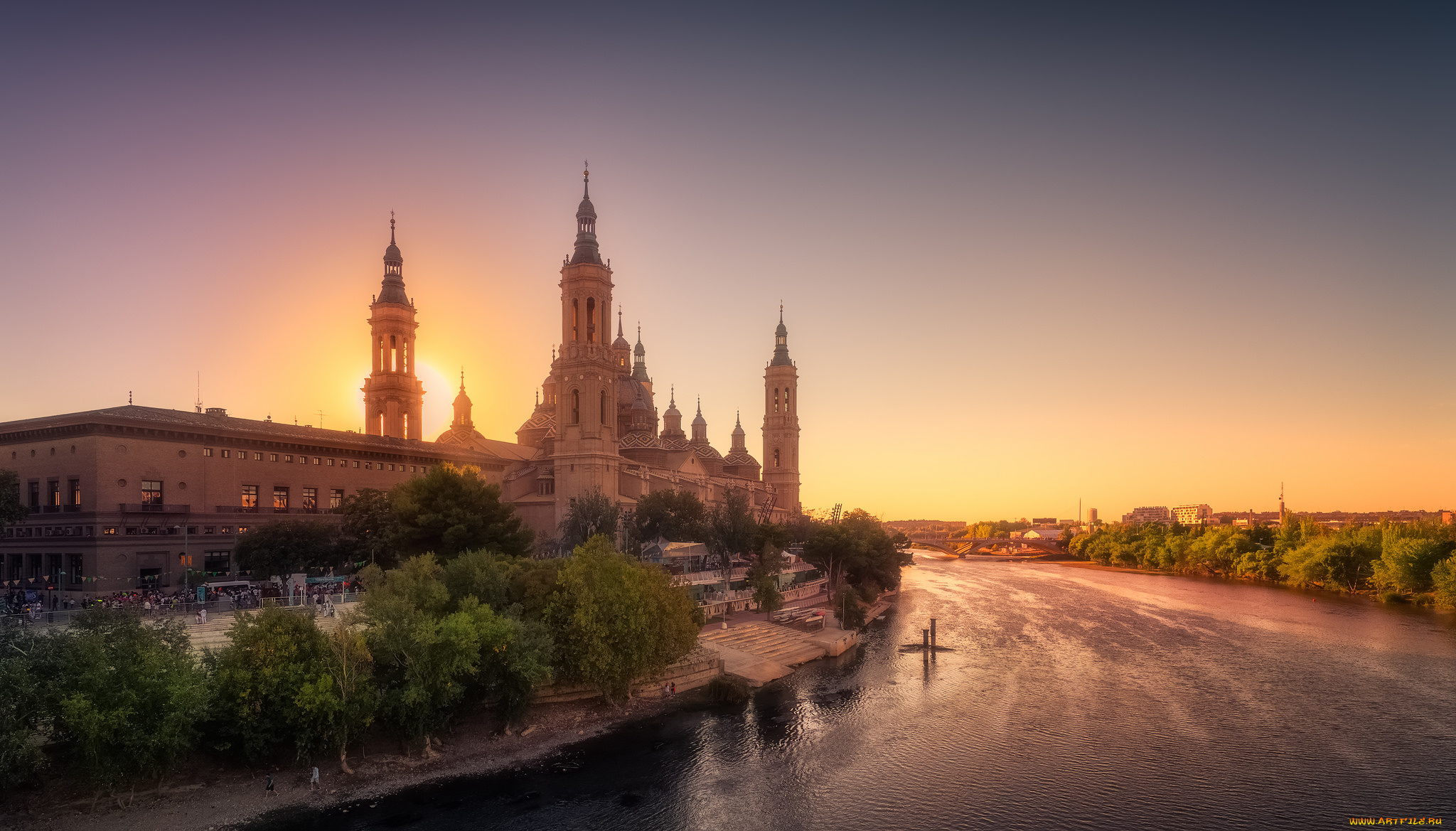 atardecer, en, zaragoza, города, -, пейзажи, река, шпили