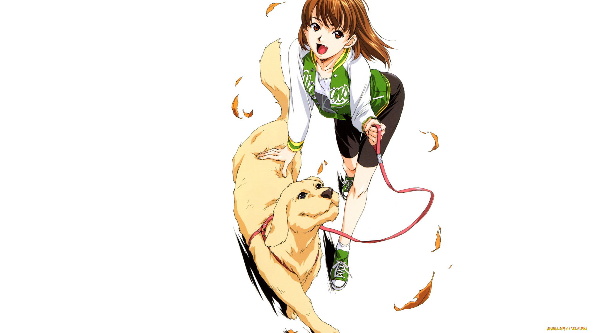аниме, животные, , существа, листья, поводок, собака, девушка