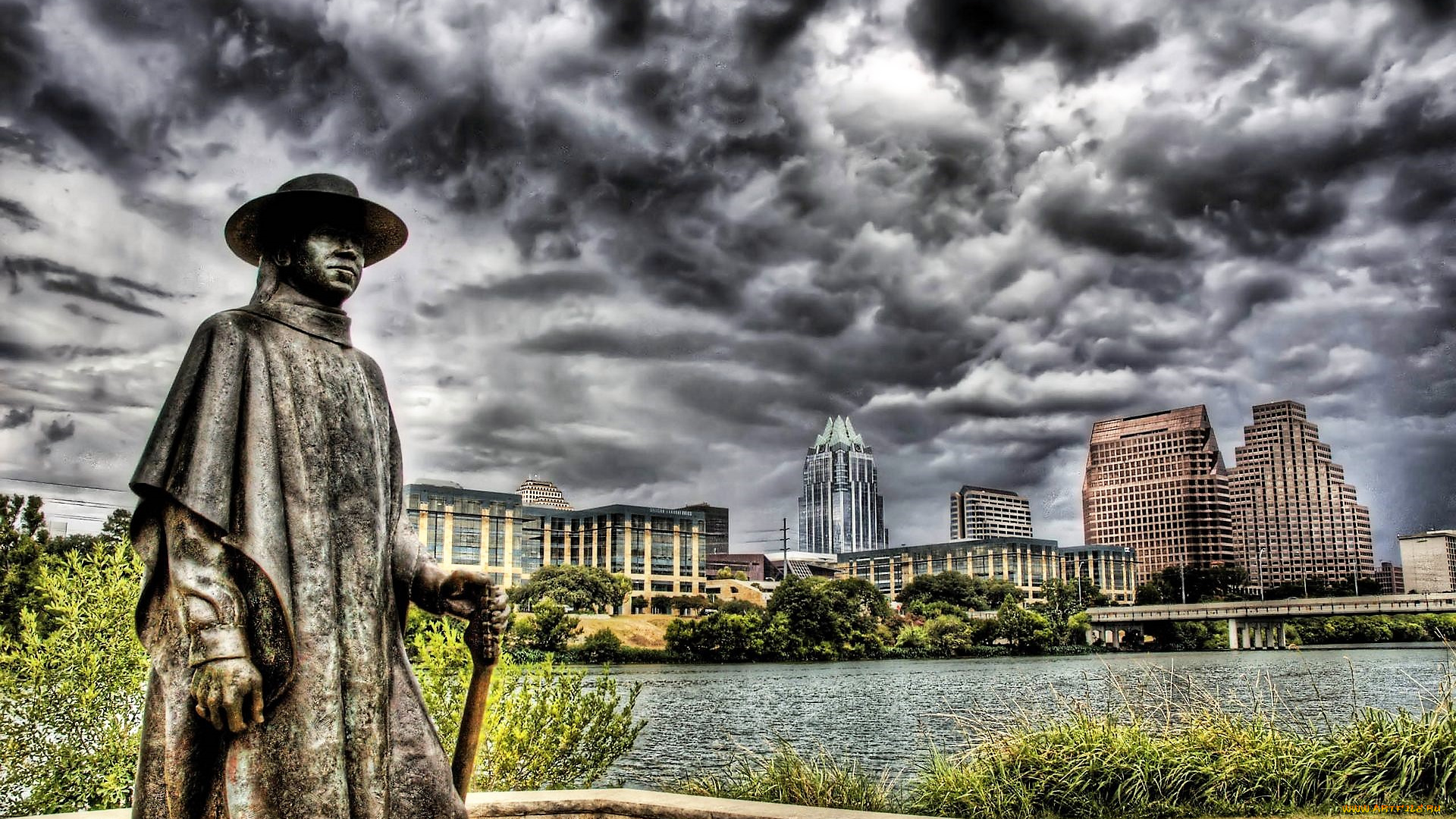 austin, , texas, города, остин, , сша, здания, река, тучи, памятник, мост