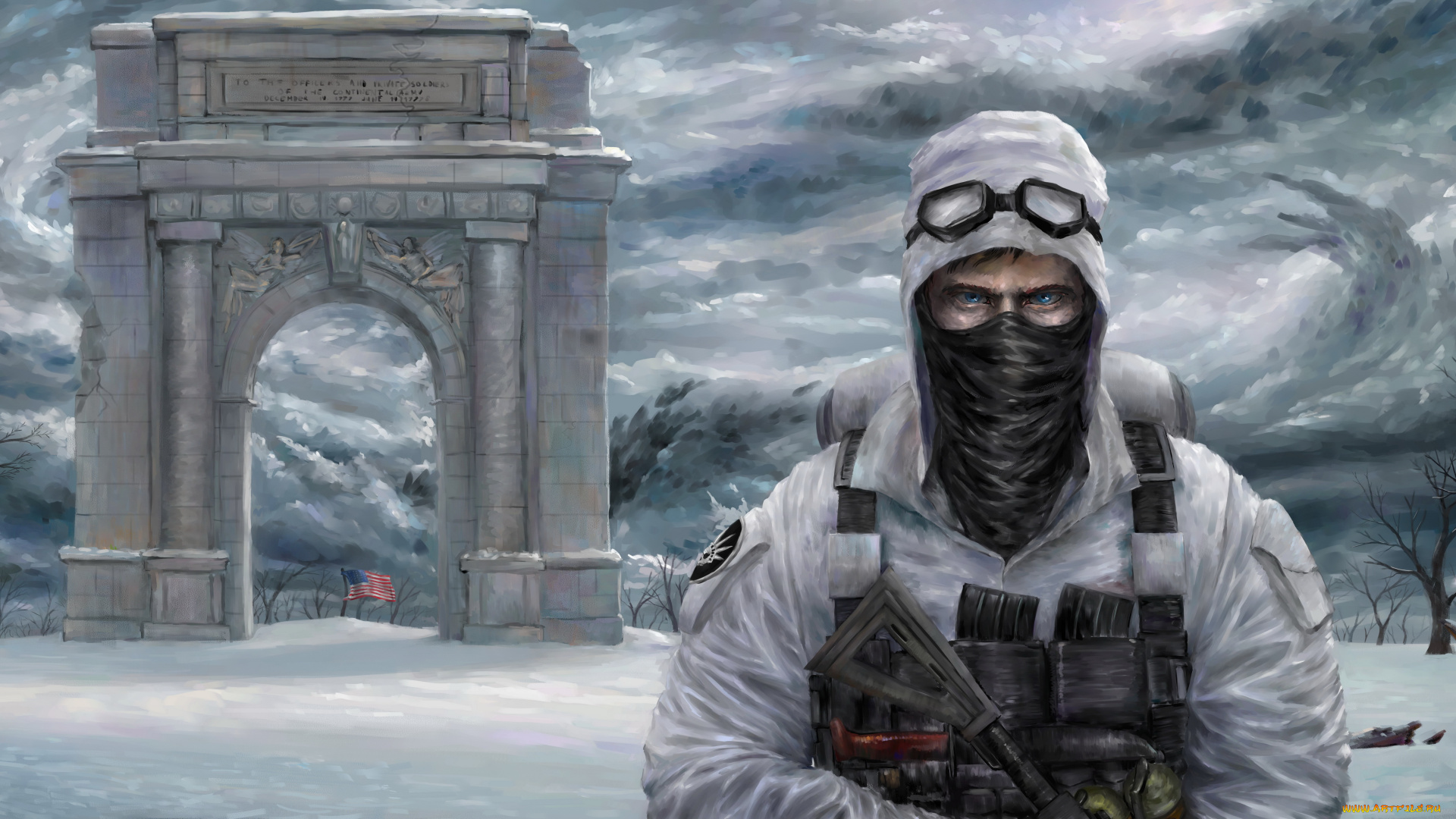 фэнтези, люди, флаг, арка, униформа, маска, взгляд, фон, мужчина