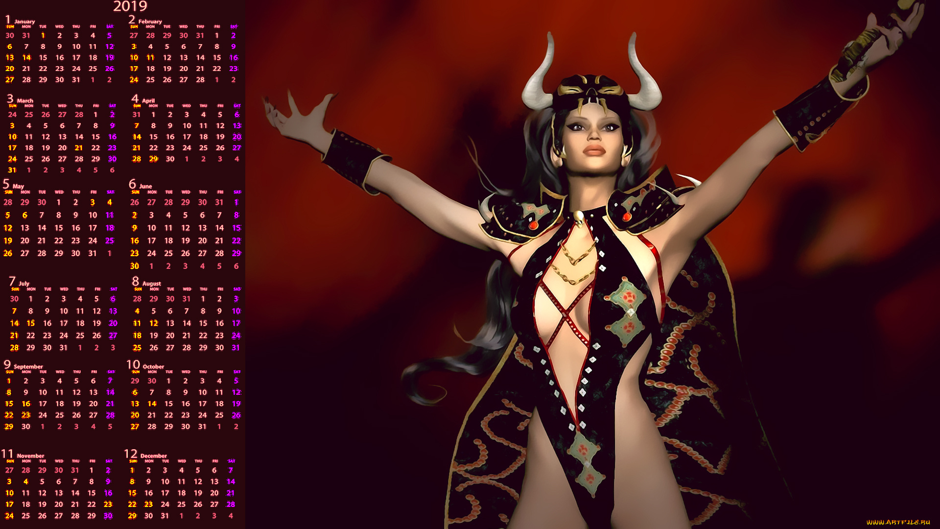 календари, 3д-графика, демон, женщина, рога