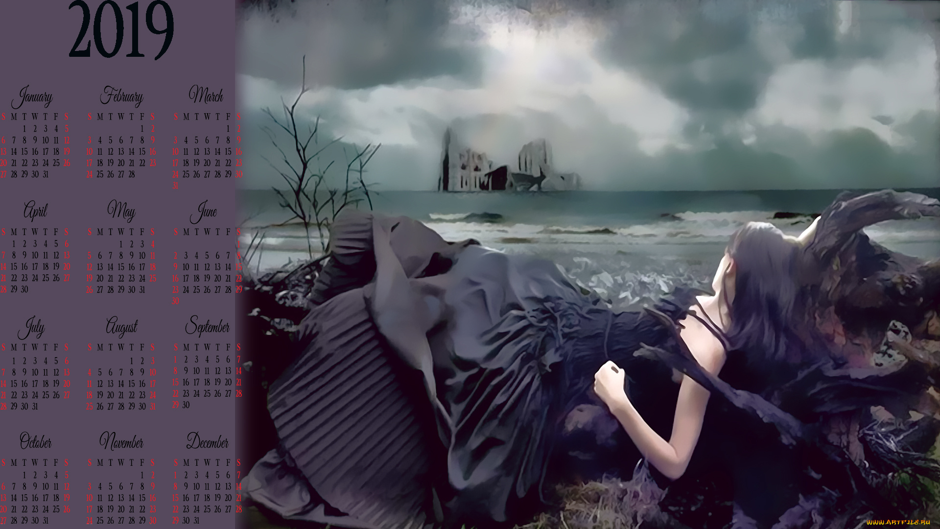 календари, фэнтези, берег, девушка, водоем