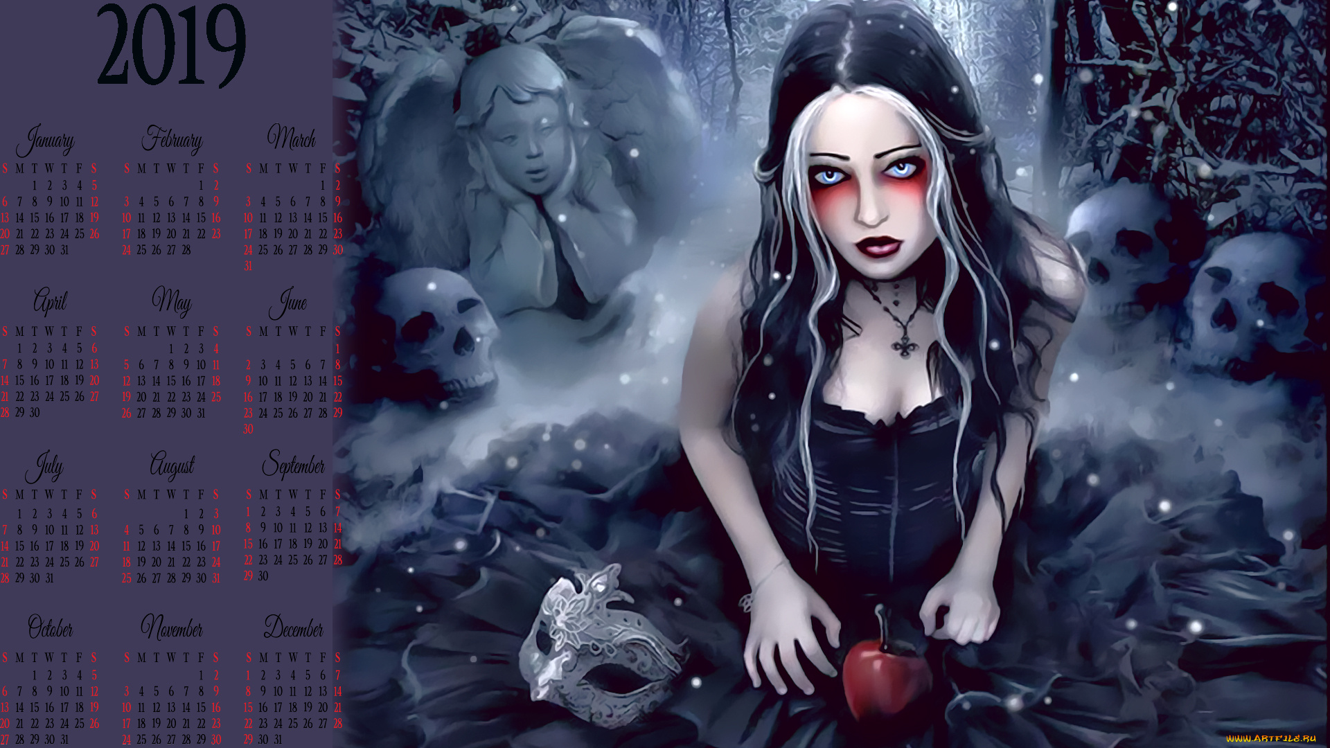 календари, фэнтези, череп, маска, яблоко, девушка